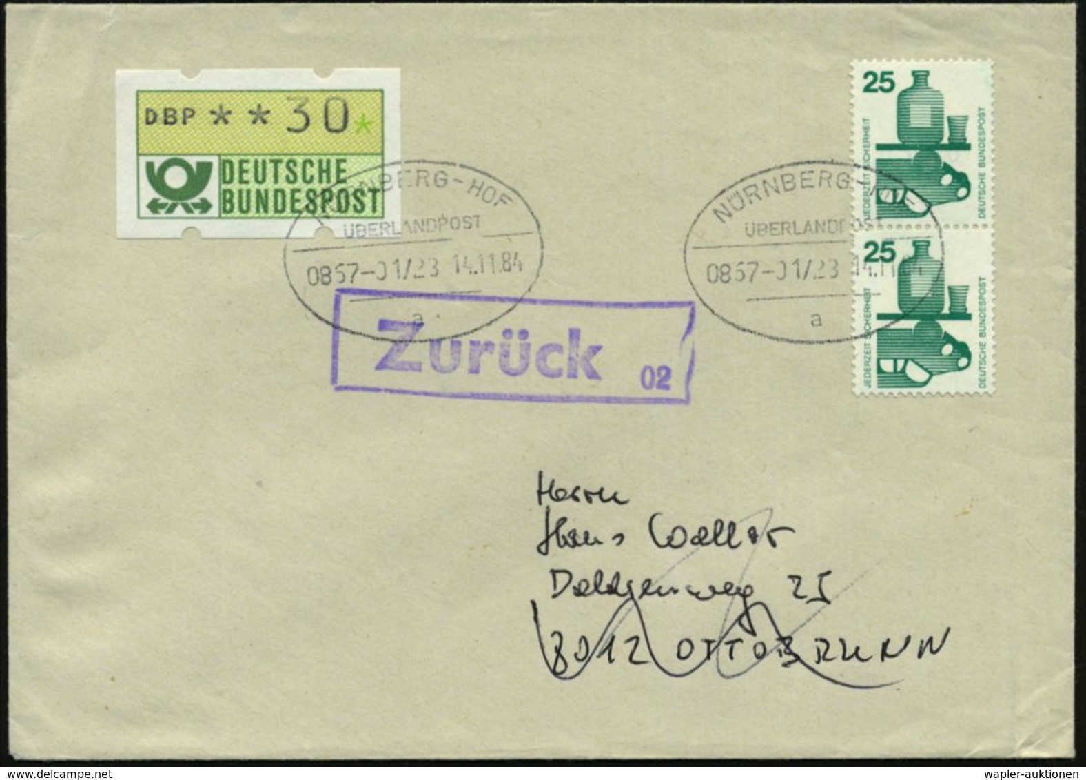 NÜRNBERG-HOF/ ÜBERLANDPOST/ 0867-01/ 23/ A 1984 (14.11.) Oval-Stempel 2x Klar + Viol. Ra.: Zurück 02, Inl.-Retour-Bf.!   - Auto's