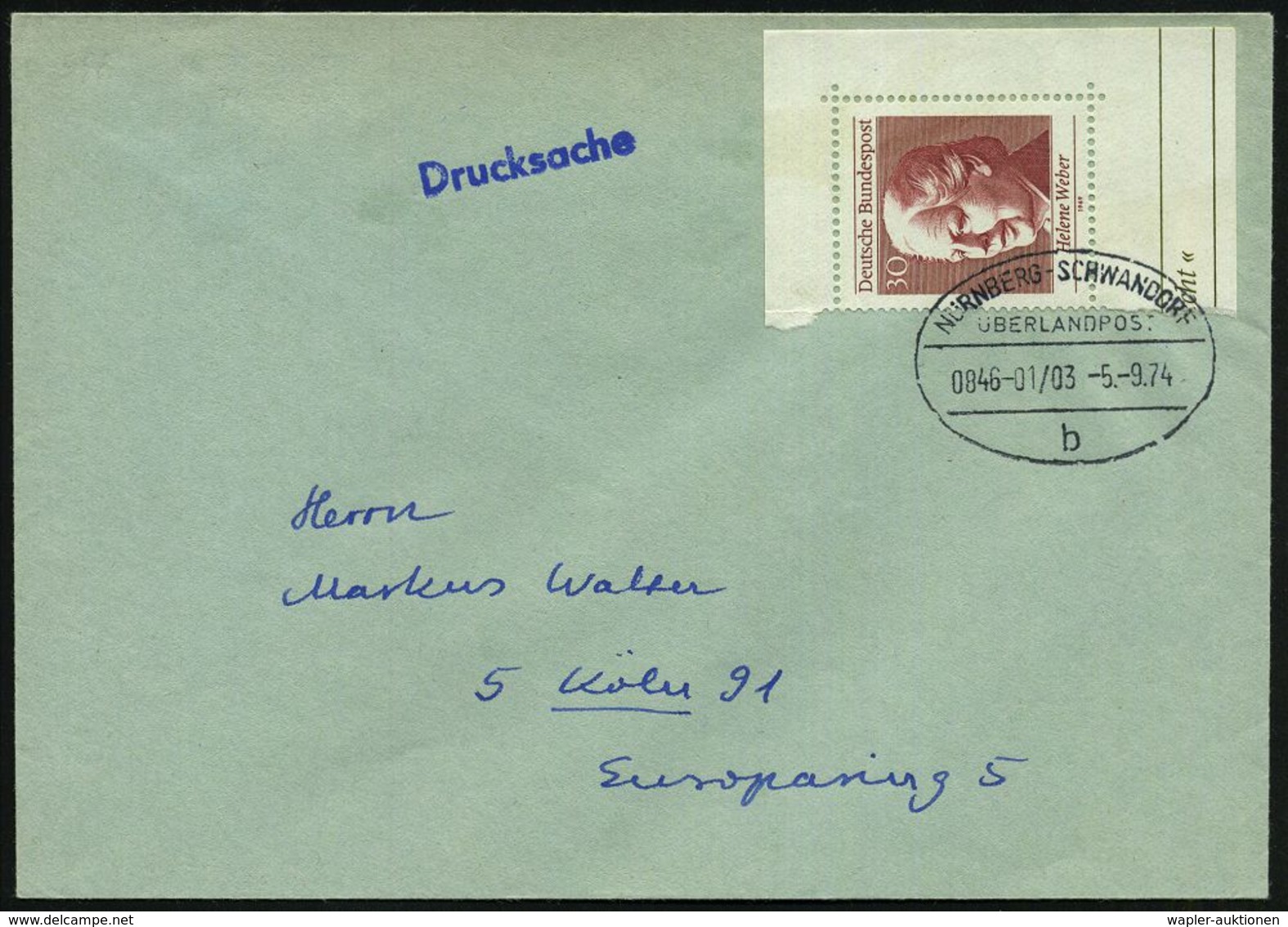 NÜRNBERG-SCHWANDORF/ ÜBERLANDPOST/ 0846-01/ 03/ B 1974 (7.9.) Oval-Steg , Klar Gest. Inl.-Brief (Mi.598) - KRAFTKURSPOST - Cars