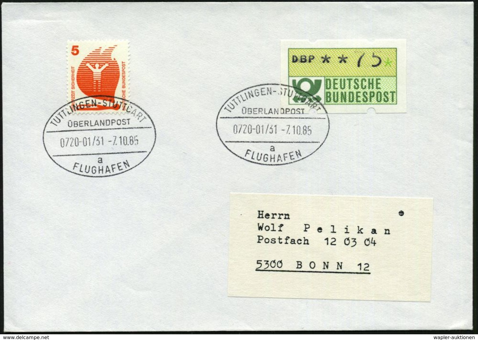 TUTTLINGEN-STUTTGART/ ÜBERLANDPOST/ 0720-01/ 31/ A/ FLUGHAFEN 1985 (7.10.) Oval-Stempel 2x Glasklar Auf Inl.-Bf. (Kat.Nr - Cars