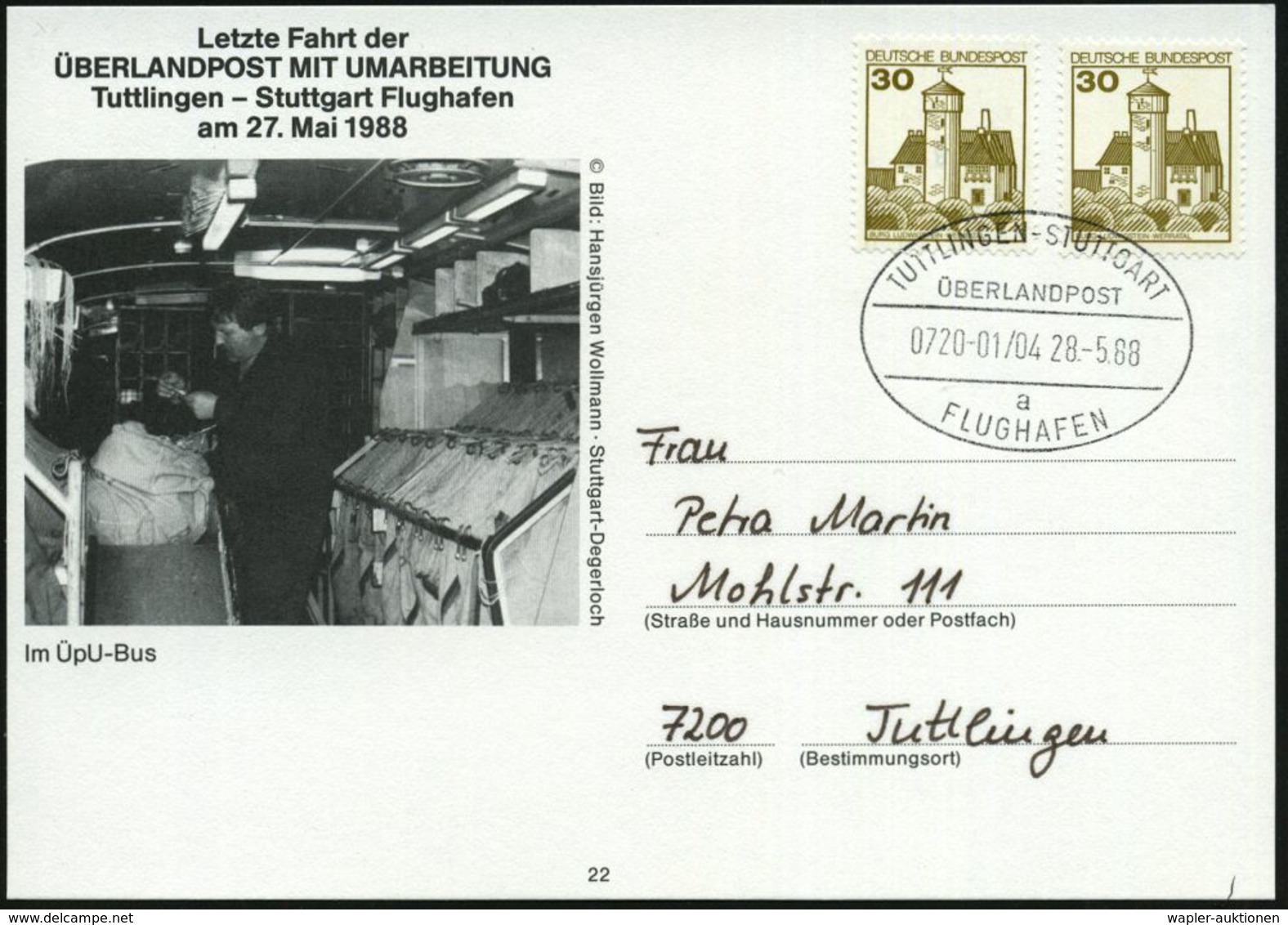 TUTTLINGEN-STUTTGART/ ÜBERLANDPOST/ 0720-01/ 04/ A/ FLUGHAFEN 1988 (28.5.) Oval-Stempel Auf Sonder-Kt.: Letzte Fahrt (Po - Auto's