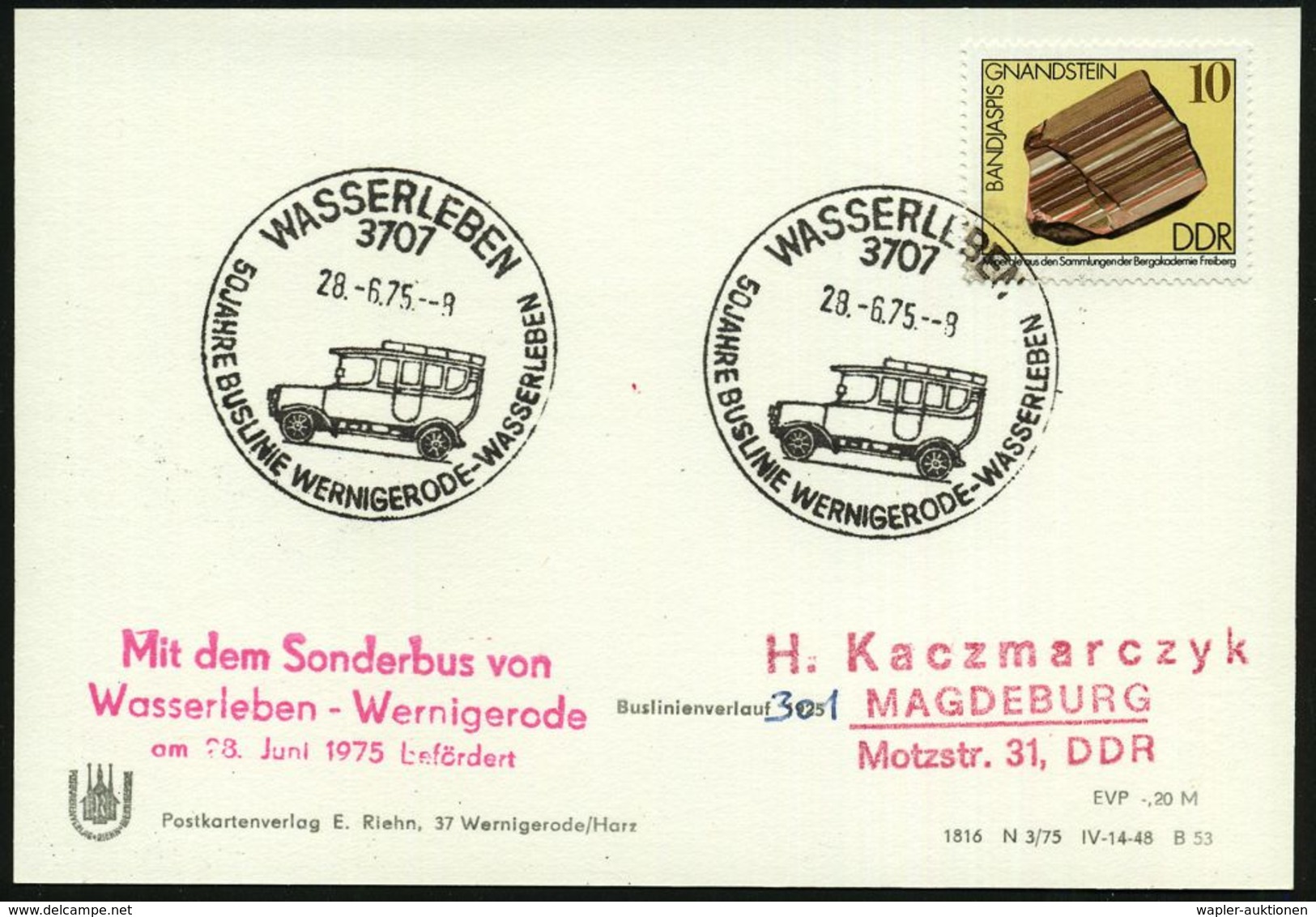 3707 WASSERLEBEN/ 50 JAHRE BUSLINIE WERNIGERODE-WASSERLEBEN 1975 (28.6.) SSt = Histor. Omnibus "Büssing NAG" (1925) + Ro - Voitures