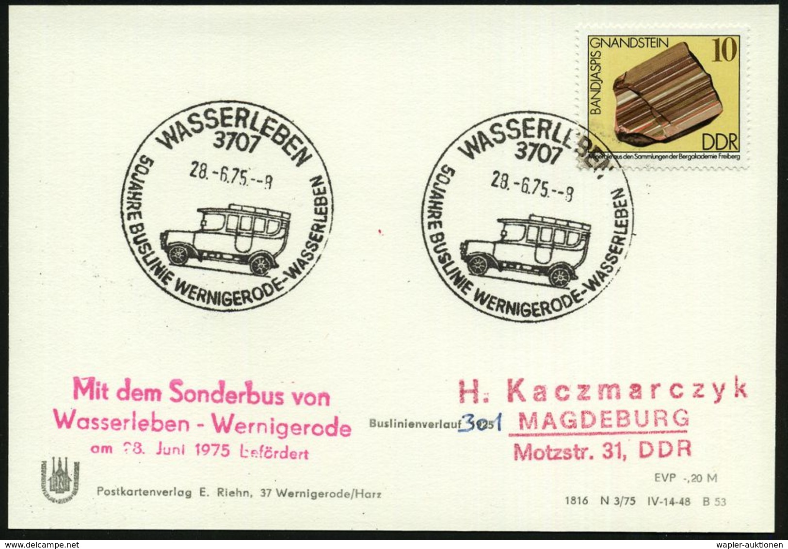 3707 WASSERLEBEN/ 50 JAHRE BUSLINIE WERNIGERODE-WASSERLEBEN 1975 (28.6.) SSt = Histor. Omnibus "Büssing NAG" (1925) + Ro - Automobili