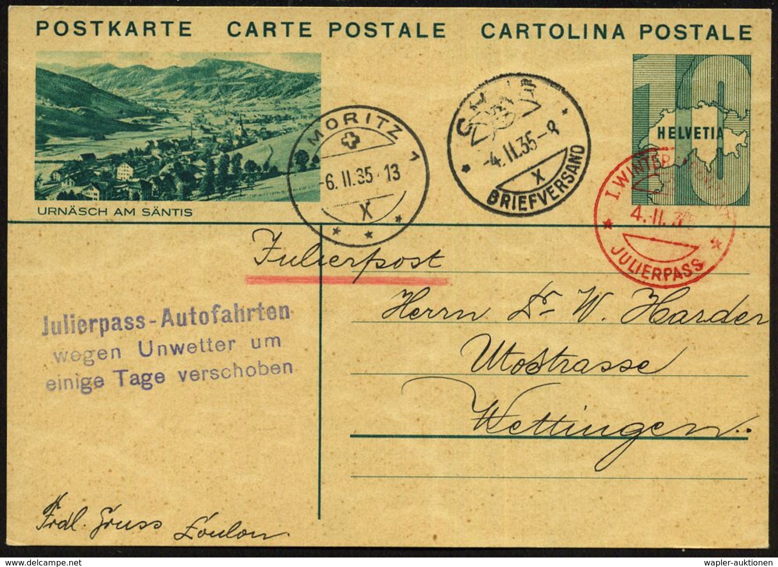 SCHWEIZ 1935 (4.2.) Roter SSt.: I. WINTERALPENPOST/ *JULIERPASS* + Viol. 3L: Julierpass-Autofahrten/ Wegen Unwetter../ . - Auto's