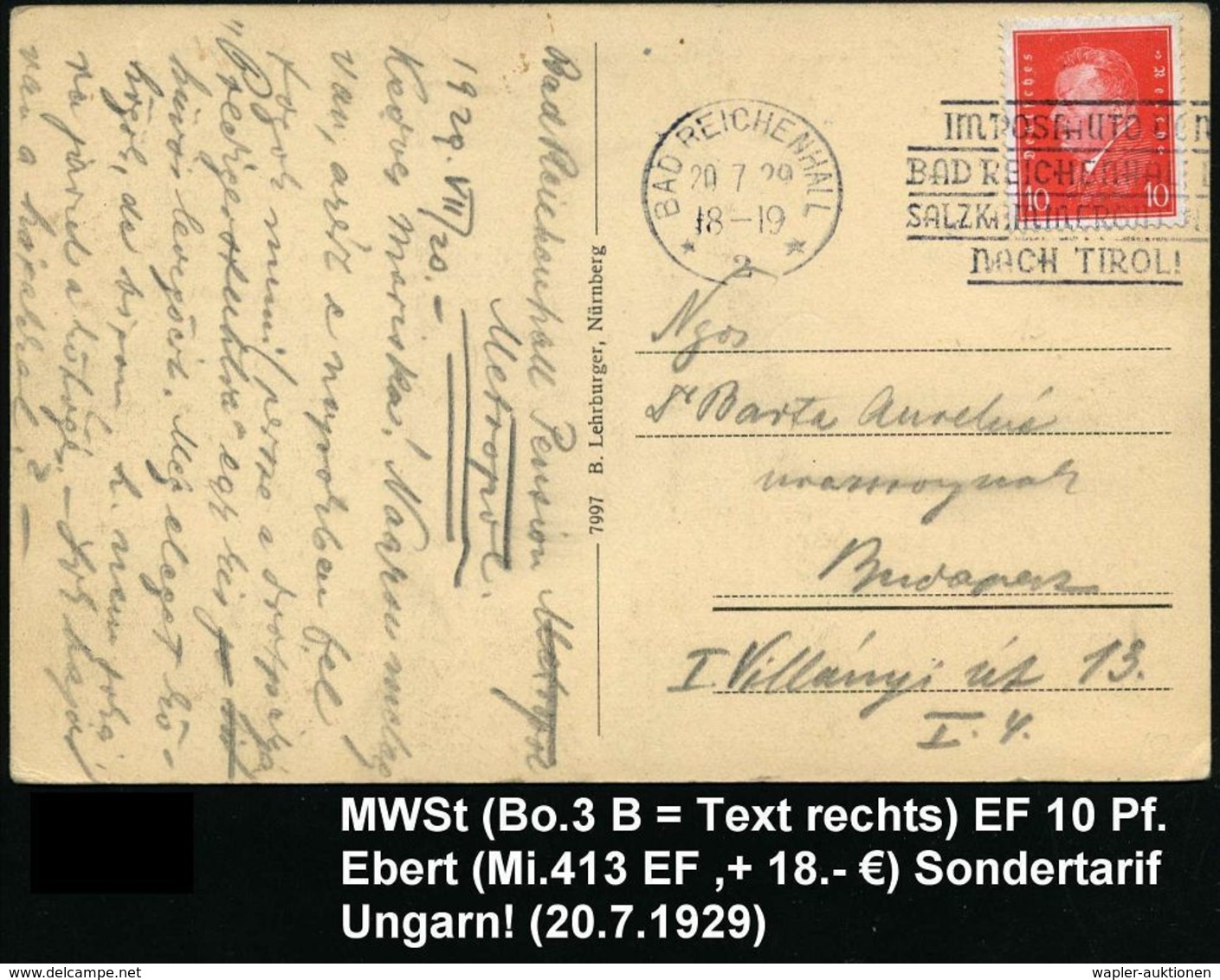 BAD REICHENHALL/ *2*/ IM POSTAUTO VON/ BAD REICHENHALL INS/ SALZKAMMERUT.. 1929 (20.7.) MWSt, Text  R E C H T S   Auf EF - Voitures