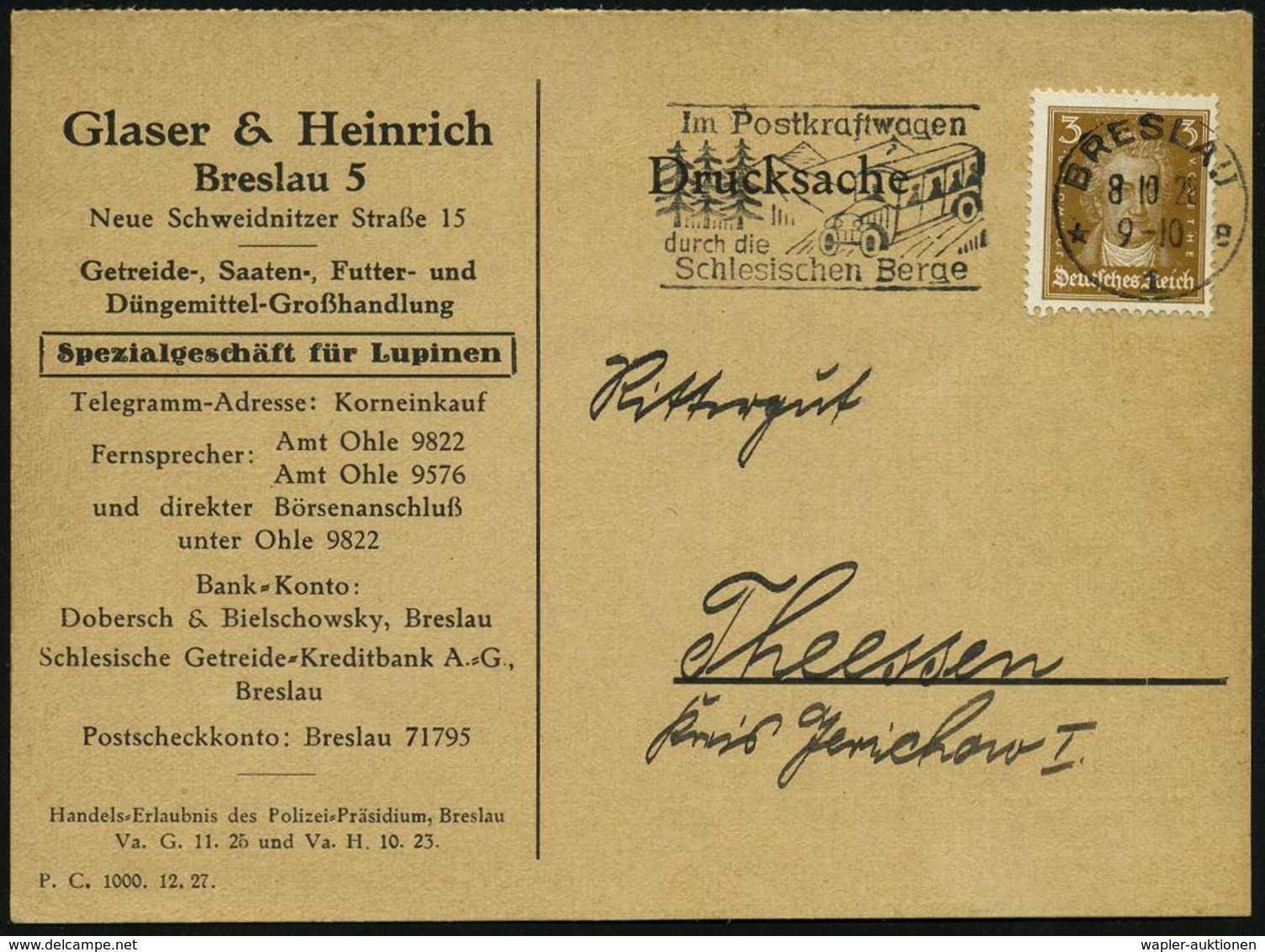 BRESLAU/ *1e/ Im Postkraftwagen/ Durch Die/ Schlesischen Berge 1928 (8.10.) MWSt = Kraftpostbus (vor Tannen) Klar Auf Fi - Coches