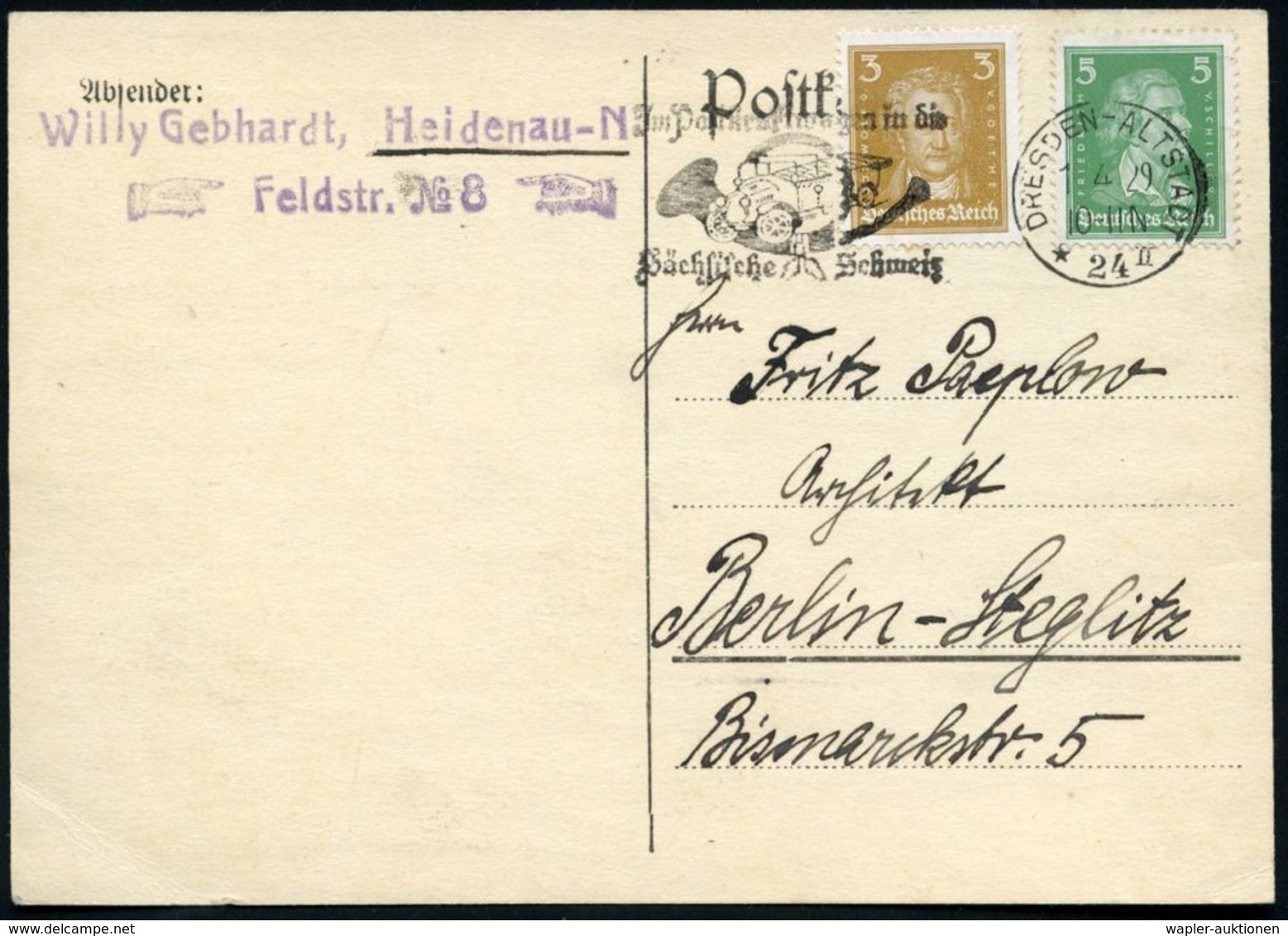 DRESDEN-ALTSTADT/ *24II/ Jm Postwagen In Die/ Sächs.Schweiz 1929 (1.4.) MWSt = Kabrio-Postkraftbus (u. Posthorn) Klar Au - Automobili