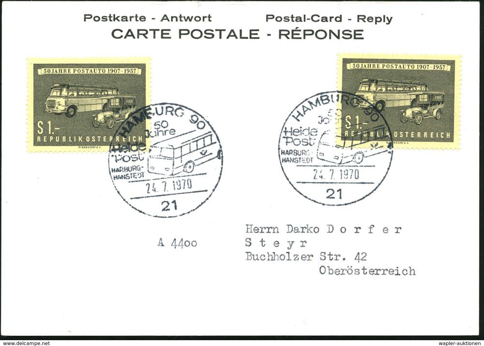 21 HAMBURG 90/ 50 Jahre/ Heide/ Post/ HAMBURG/ HANSTEDT 1970 (24.7.) SSt = Post-Omnibus 2x Auf 2x Österreich  1.- S. "50 - Auto's