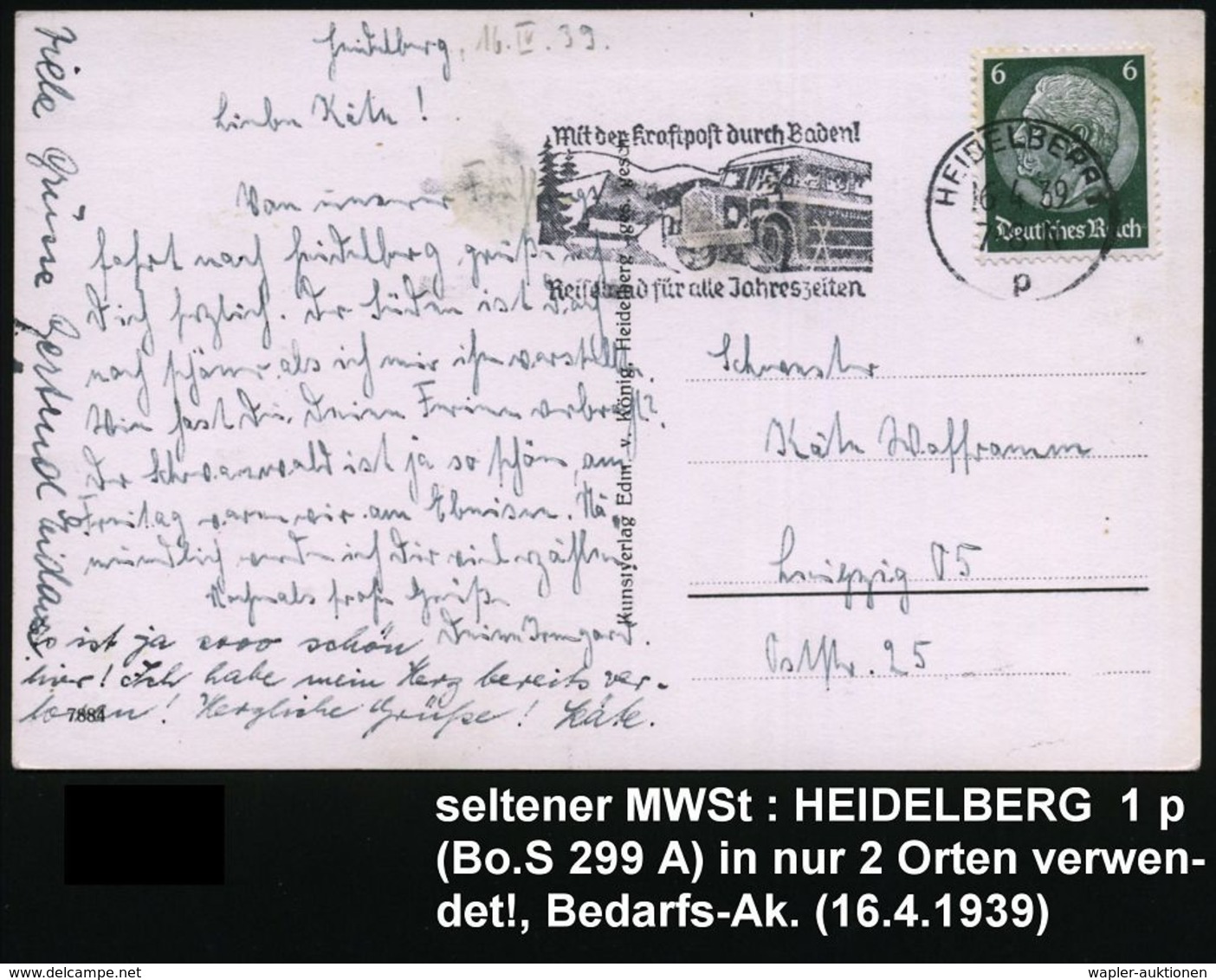 HEIDELBERG 1/ P/ Mit D.Kraftpost Durch Baden!/ Reiseland.. 1939 (16.4.) MWSt = Omnibus (u. Bauernhaus) Auf S/w.-Bedarfs- - Autos