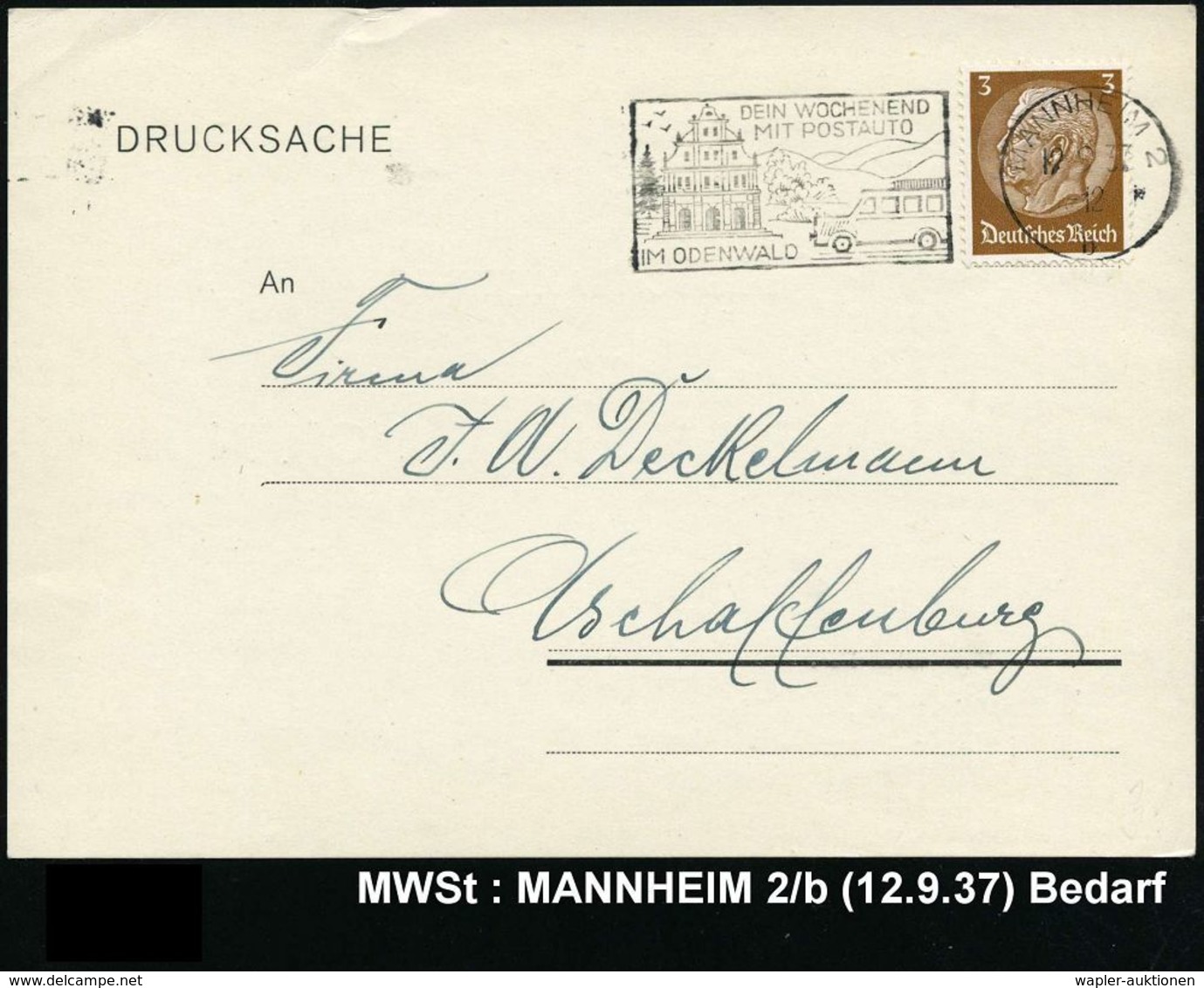 MANNHEIM 2/ B/ DEIN WOCHENEND/ MIT POSTAUTO/ IM ODENWALD 1937 (12.9.) MWSt = Omnibus (vor Barock-Haus) Klar Auf Firmen-K - Auto's