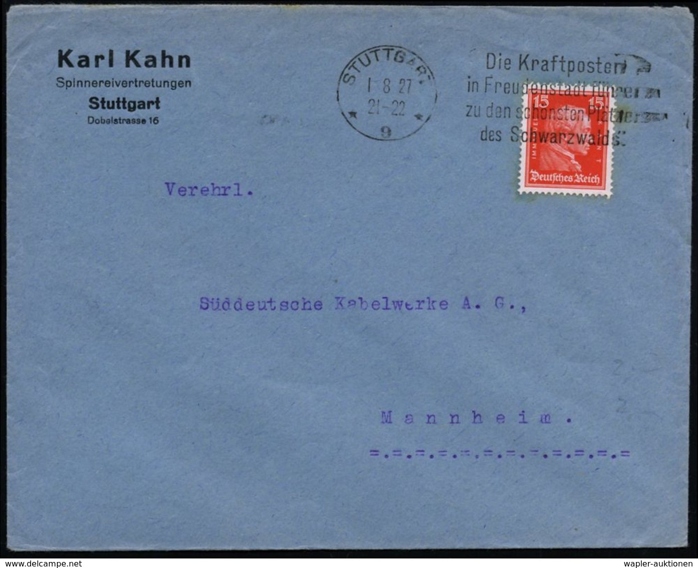 STUTTGART/ *9*/ Die Kraftposten/ In Freudenstadt Führen/ Zu Den Schönsten Plätzen/ Des Schwarzwalds 1927 (1.8.) MWSt, Te - Voitures