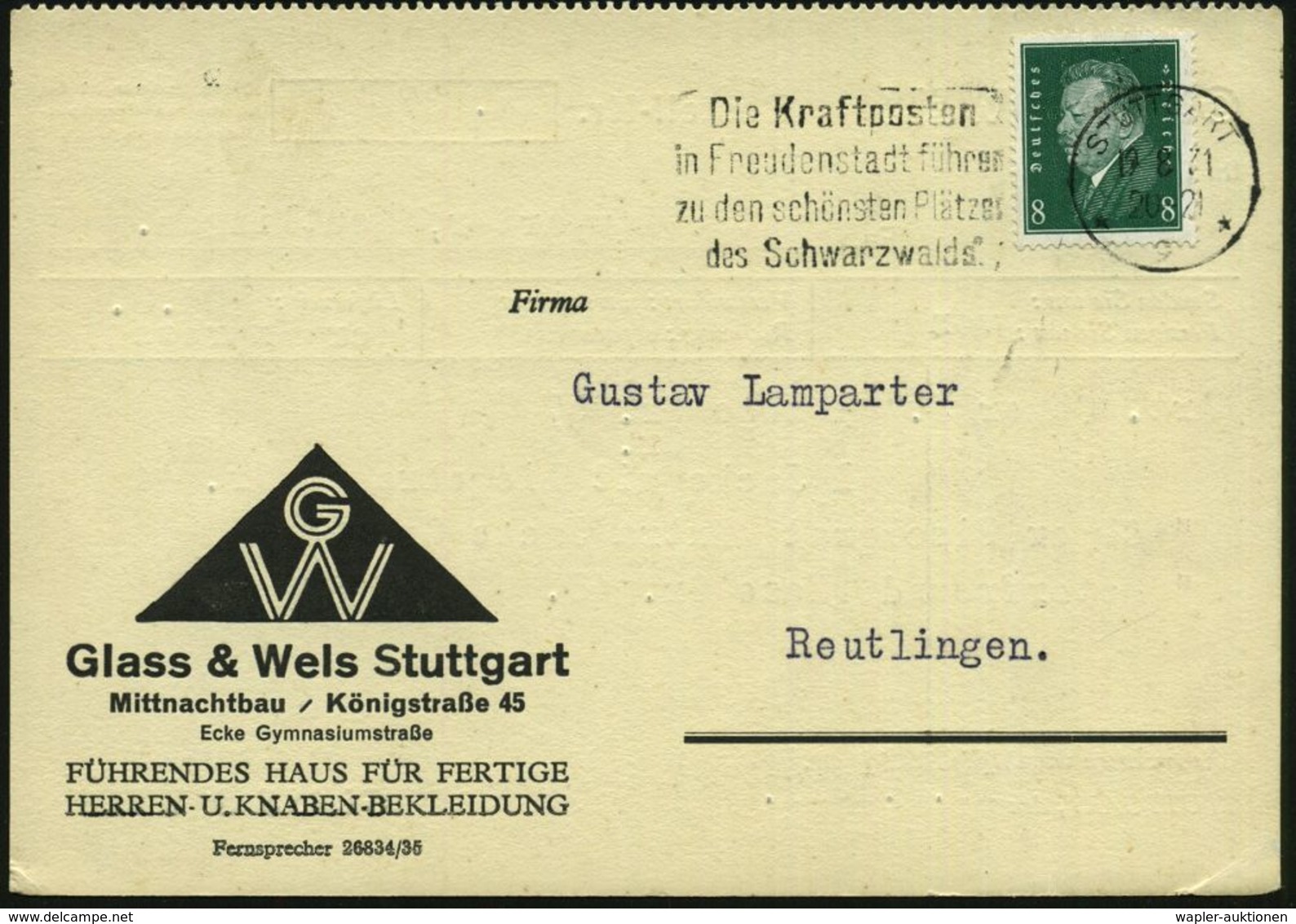 STUTTGART/ *9*/ Die Kraftposten/ In Freudenstadt Führen/ Zu Den Schönsten Plätzen/ Des Schwazwalds 1931 (19.8.) MWSt, We - Autos