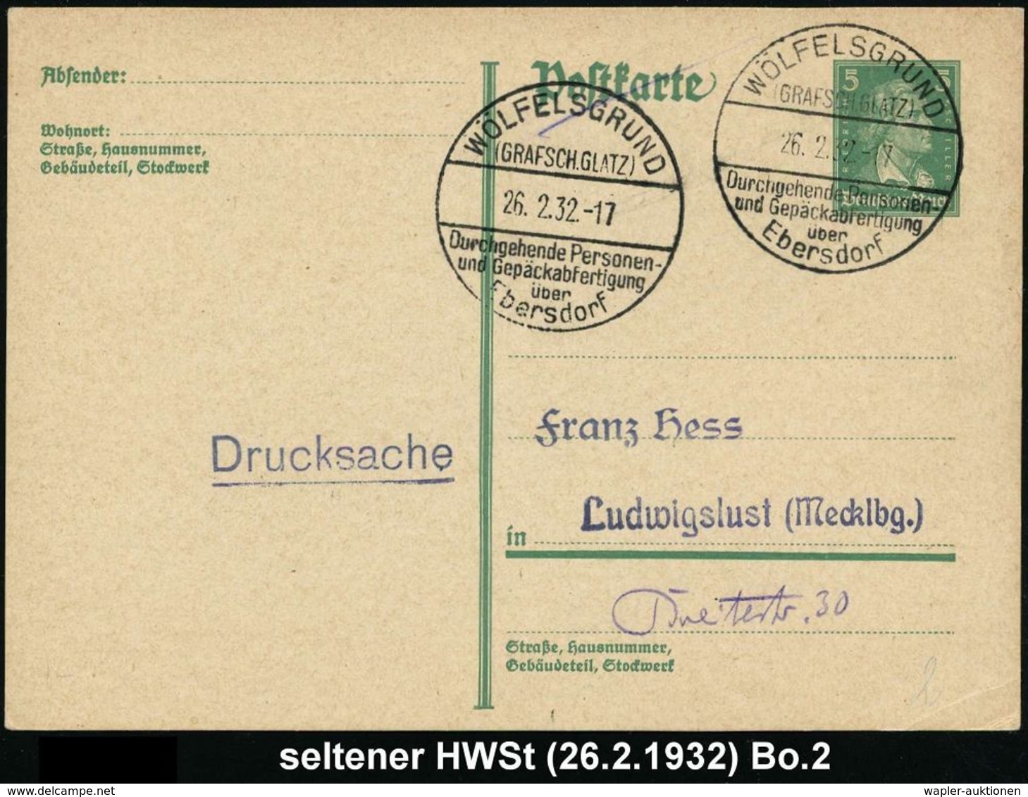 WÖLFELSGRUND/ (GRAFSCH.GLATZ)/ Durchgehende Personen-/ U.Gepäckabfertigung/ über/ Ebersdorf 1932 (26.2.) Seltener HWSt 2 - Autos