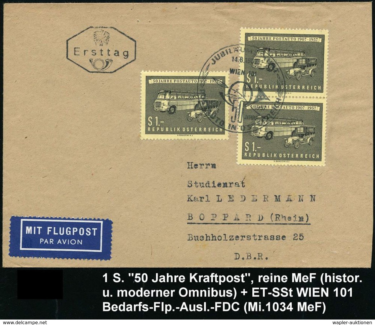 ÖSTERREICH 1957 (14.6.) 1.- S. "50 Jahre Postauto", Reine MeF: Paar + Einzelstück (histor. U. Moderner Postomnibus) ET-S - Automobili