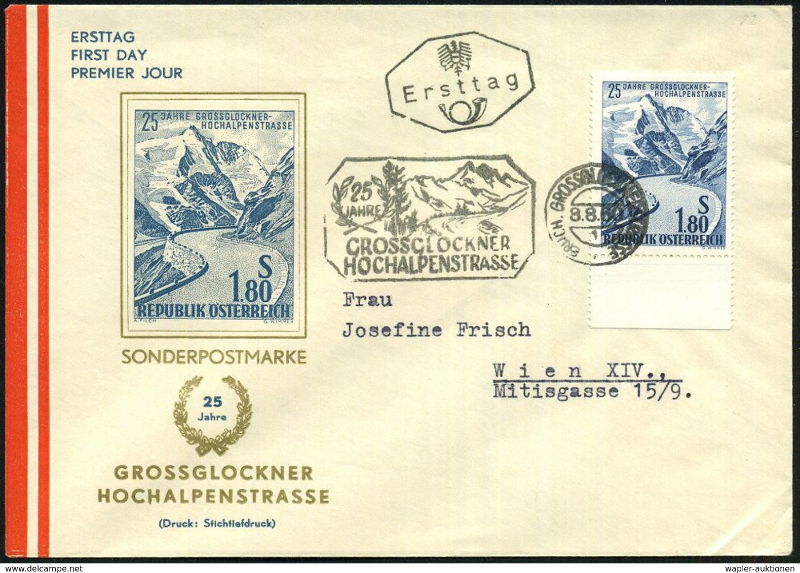 ÖSTERREICH 1960 (8.8.) 1,80 S. "25 Jahre Grossglockner-Hochalpenstrasse", EF + 2 Verschied. ET-SSt. (UZ 1 ,UZ 2) Je Inl. - Automobili