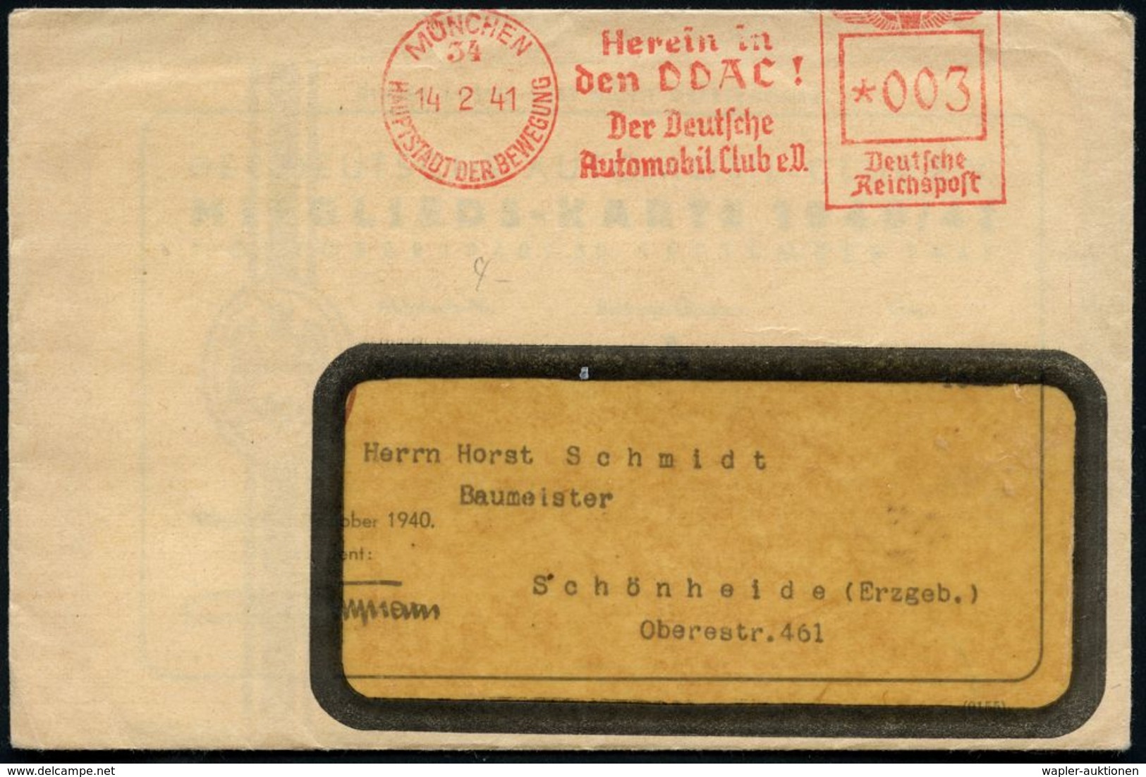 MÜNCHEN/ 34/ HDB/ Herein In/ Den DDAC!/ Der Deutsche/ Automobil Club EV. 1941 (14.2.) AFS Auf Fernbf. Mit Inhalt: Mitgli - Auto's