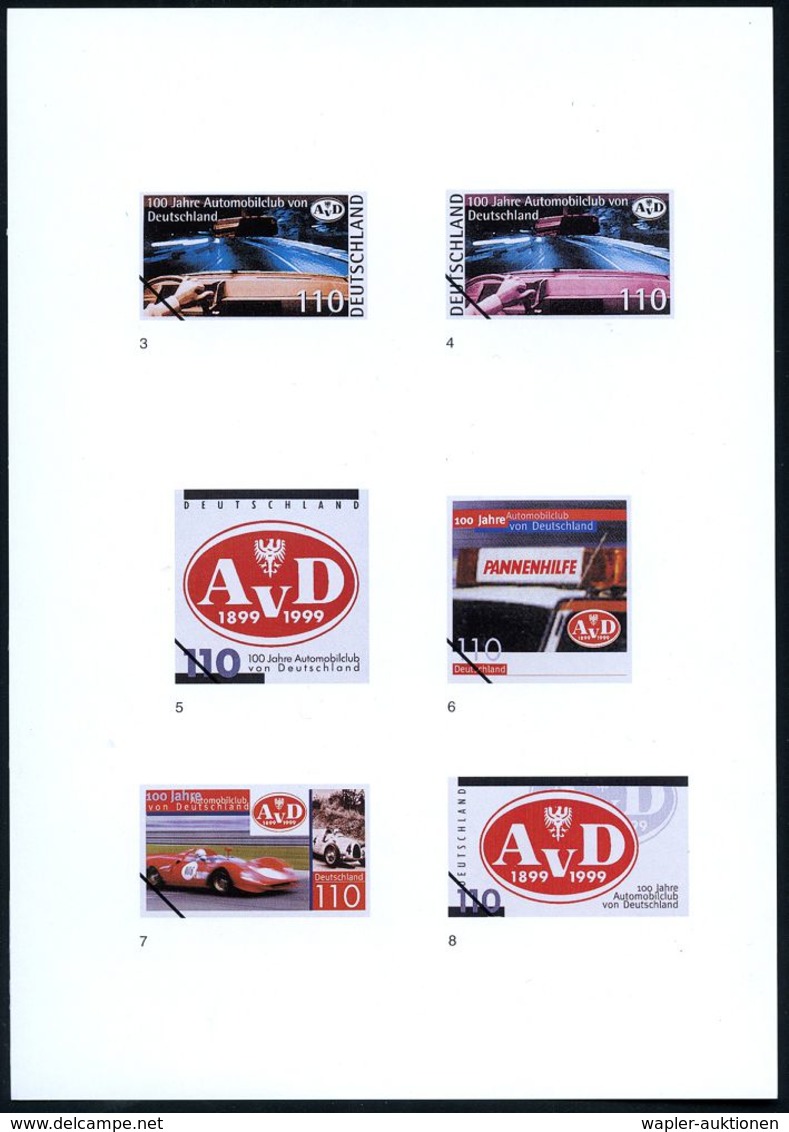 B.R.D. 1999 (Feb.) 110 Pf. "100 Jahre Automobilclub V.Deutschland" AvD, 17 Verschied. Color-Entwürfe D.Bundesdruckerei A - Automobili