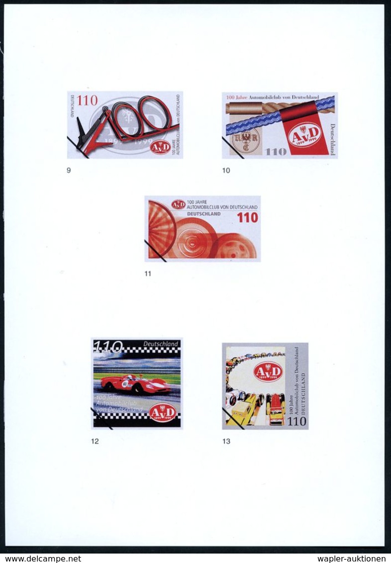 B.R.D. 1999 (Feb.) 110 Pf. "100 Jahre Automobilclub V.Deutschland" AvD, 17 Verschied. Color-Entwürfe D.Bundesdruckerei A - Voitures