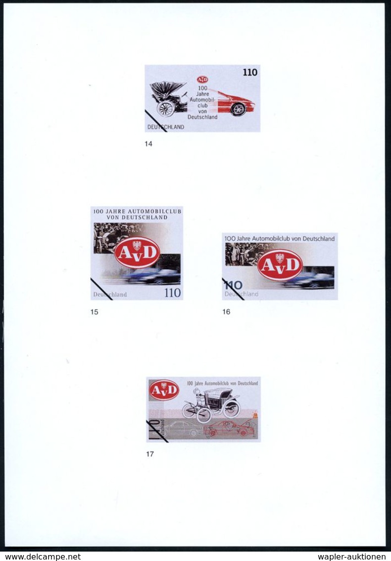 B.R.D. 1999 (Feb.) 110 Pf. "100 Jahre Automobilclub V.Deutschland" AvD, 17 Verschied. Color-Entwürfe D.Bundesdruckerei A - Automobili