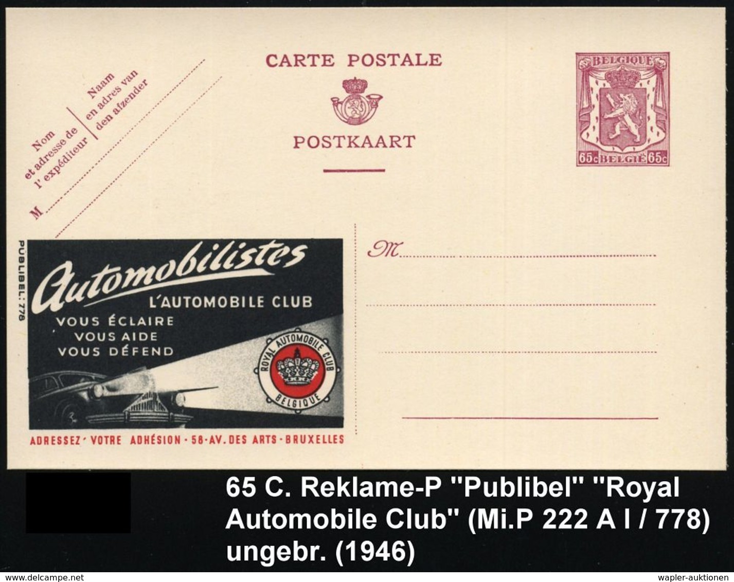 BELGIEN 1946 65 C. Reklame-P. Löwe, Braunlila: ROYAL AUTOMOBILE CLUB BELGIQUE.. (= PKW Mit Leuchtkegel, Club-Logo) Ungeb - Autos