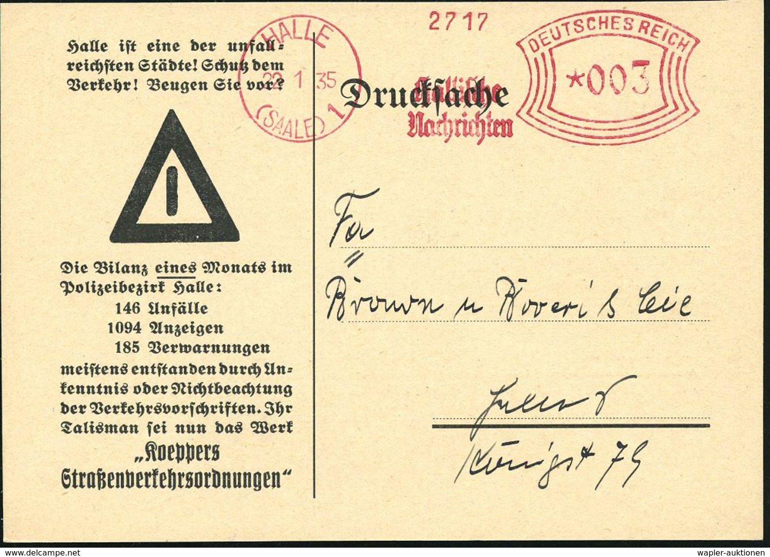 HALLE/ (SAALE)1/ Hallische/ Nachrichten 1935 (22.1.) AFS Auf Verlags-Reklame-Kt.: Halle Ist Eine Der Unfallreichsten Stä - Accidents & Sécurité Routière