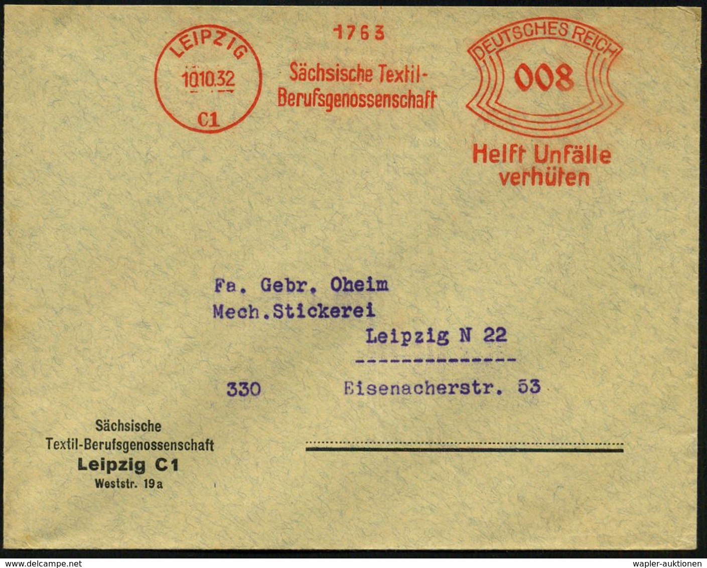 LEIPZIG/ C1/ Sächs.Textil-/ Berufsgenossenschaft/ Helft Unfälle/ Verhüten 1932 (10.10.) AFS Klar Auf Vordr.Bf. (Dü.E-1BA - Ongevallen & Veiligheid Op De Weg