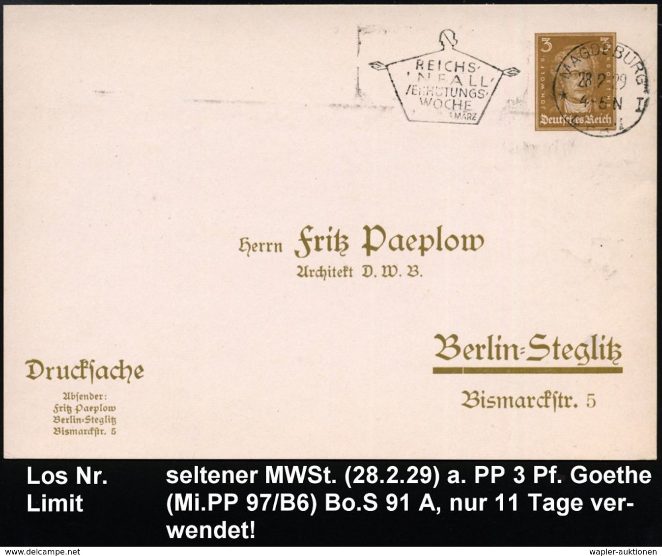 MAGDEBURG/ * BPA7 I/ REICHS-/ UNFALL-/ VERHÜTUNGS-/ WOCHE 1929 (28.2.) Sehr Seltener MWSt (symbol. Frauenfigur) Auf PP 3 - Accidents & Sécurité Routière