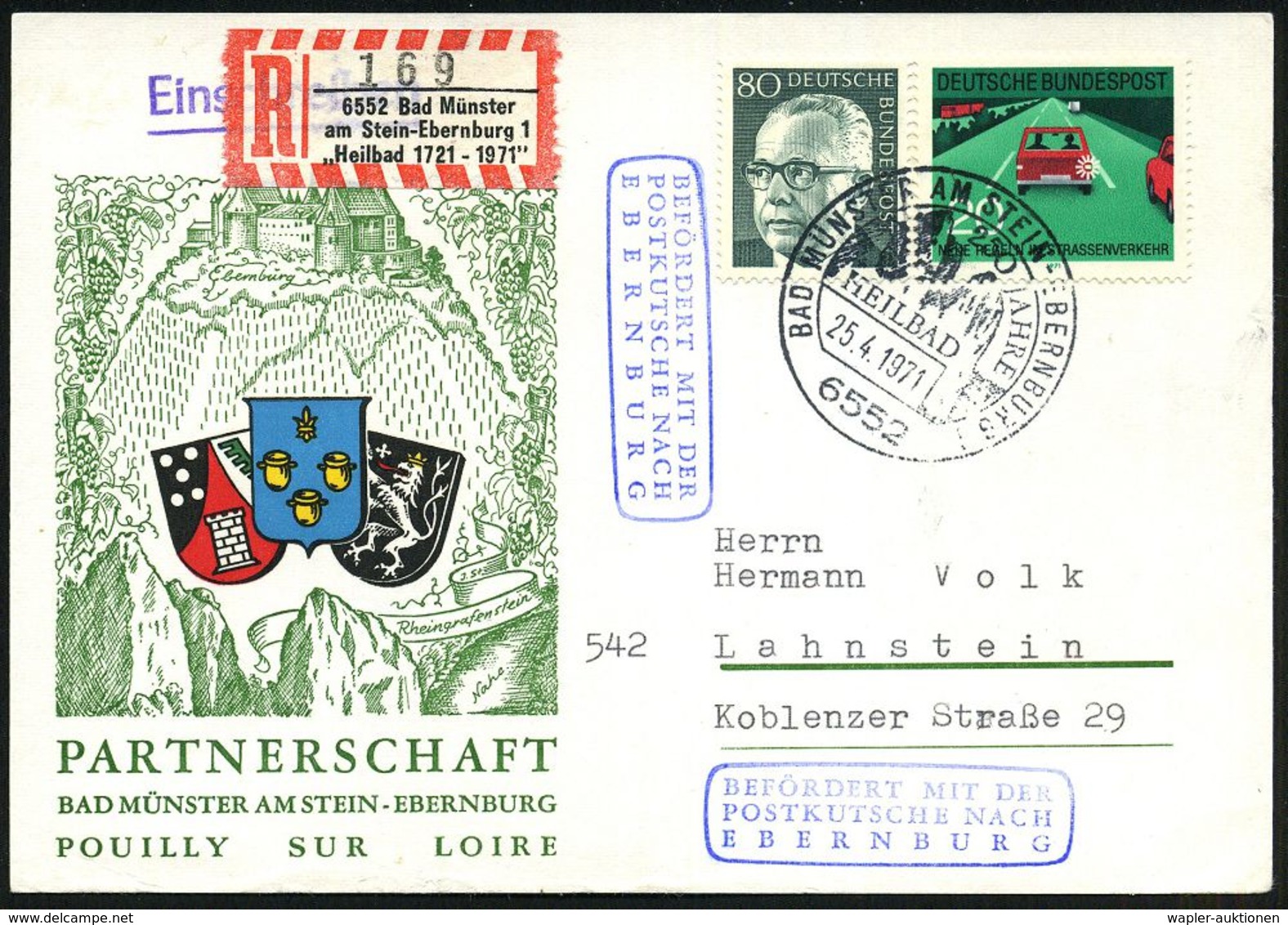 6552 BAD MÜNSTER AM STEIN-EBERNBURG1/ 250 JAHRE/ KURBAD 1971 (Apr) SSt + Ra.3: BEFÖRDERT MIT DER/POST-KUTSCHE NACH/EBERN - Kutschen