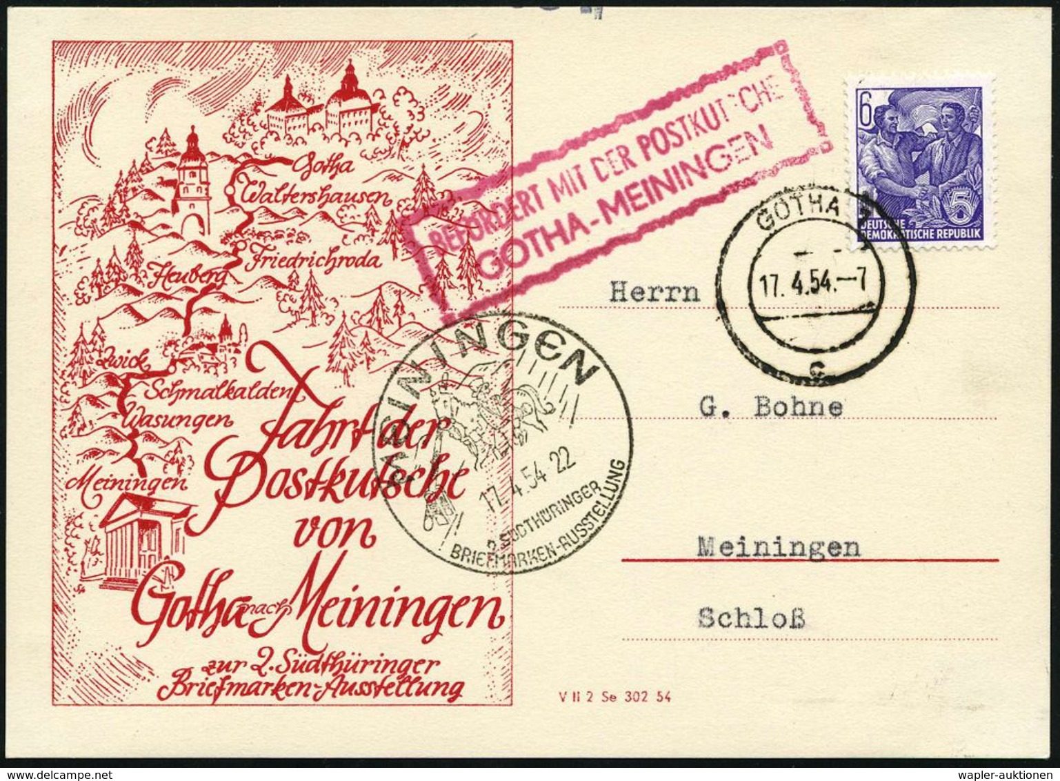 GOTHA 1/ C 1954 (17.4.) 2K-Steg + Roter Ra.2: BEFÖRDERT MIT DER POSTKUTSCHE/GOTHA-MEININGEN (Bo.15) + AS: MEININGEN /SÜD - Diligenze