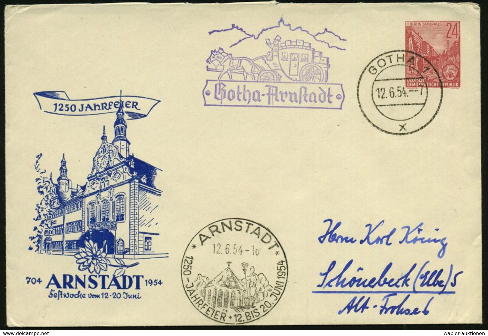 GOTHA 1/ X 1954 (12.6.) 2K-Steg + Postkutschen-HdN: Gotha-Arnstadt = Zweispännige Postkutsche + AS: ARNSTADT/1250-JAHR-F - Diligences