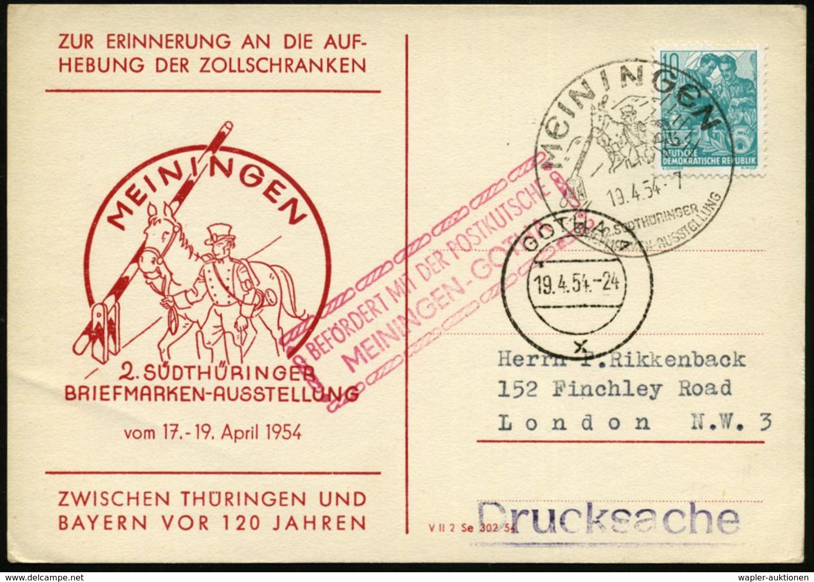 MEININGEN/ 2.SÜDTHÜRING./ BRIEFM.AUSST. 1954 (19.4.) SSt = Postillon Mit Pferd Unter Zollschranke + Roter HdN: BEFÖRDERT - Kutschen