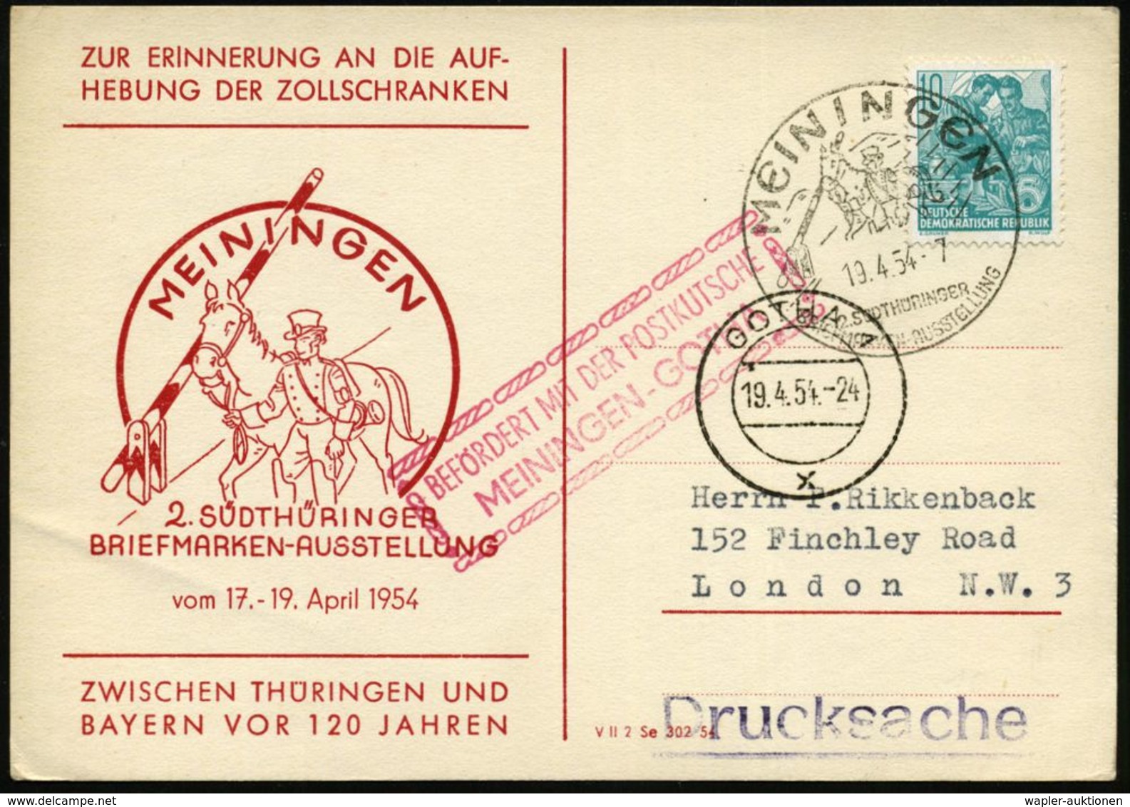 MEININGEN/ 2.SÜDTHÜRING./ BRIEFM.AUSST. 1954 (19.4.) SSt = Postillon Mit Pferd Unter Zollschranke + Roter HdN: BEFÖRDERT - Postkoetsen