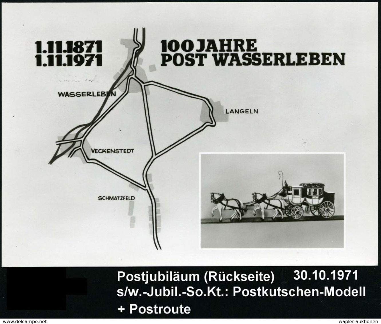 3707 WASSERLEBEN/ 100 JAHRE POST.. 1971 (30.10.) SSt = Postkutsche + Roter Ra.3: Mit Der Postkutsche/am 30. Okt. 1971/be - Postkoetsen