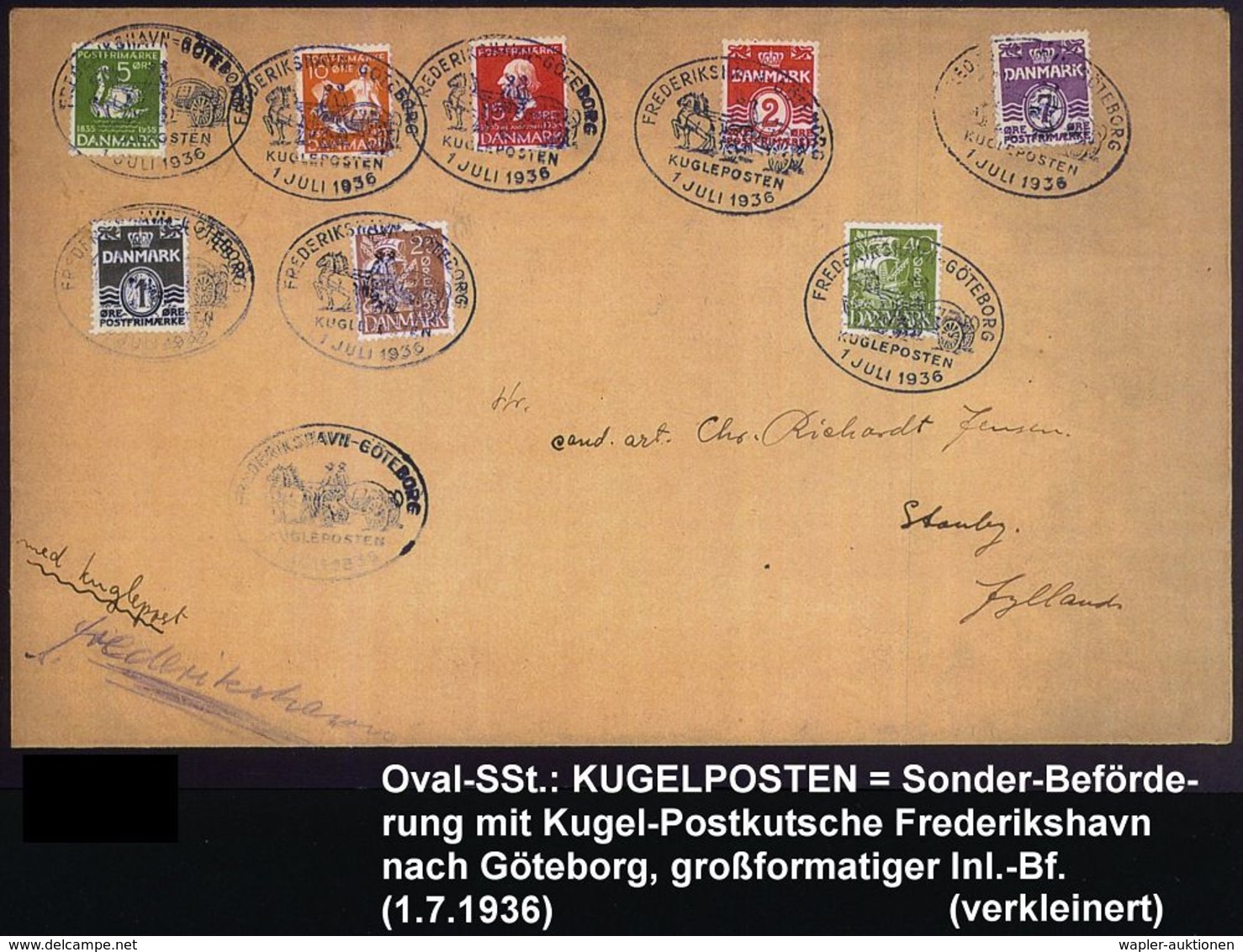 DÄNEMARK 1936 (1.7.) Oval-SSt.: FREDERIKSHAVN - GÖTEBORG/KUGLEPOSTEN = Kugel-Postkutschen-Beförderung (Kugel-Postkutsche - Postkoetsen