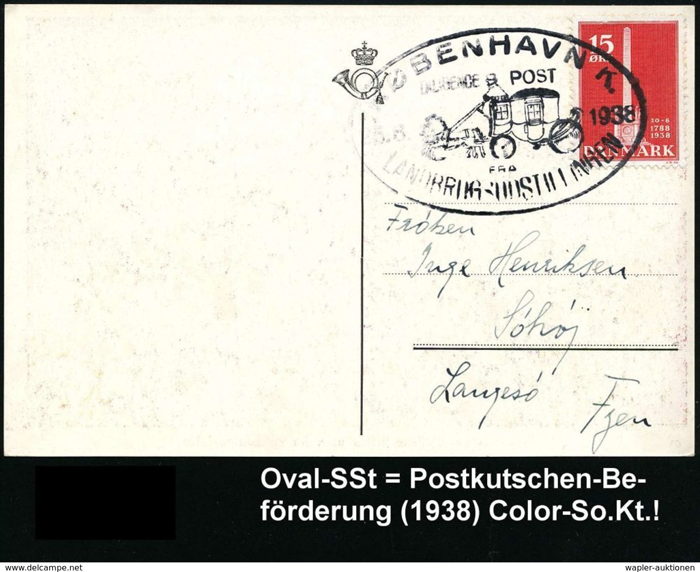 DÄNEMARK 1938 (21.6.) Oval-SSt: KÖBENHAVN K./DILIGENCE POST/FRA/LANDBRUGSUDSTILLINGEN (Postkutsche) Klar Gest. , Motivgl - Diligences