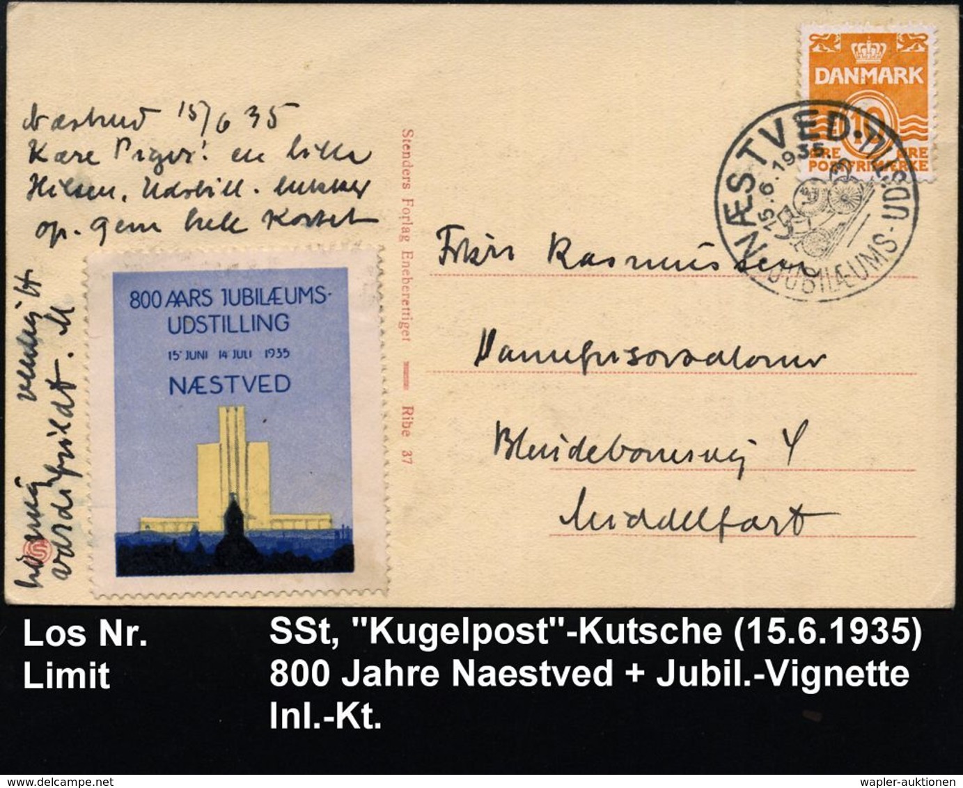 DÄNEMARK 1935 (15.6.) SSt: NAESTVED/JUBIL.-UDSTILL = Kugel-Postwagen + Ausst.-Vignette, Bedarfs-Inl.-Ak. - - Postkoetsen