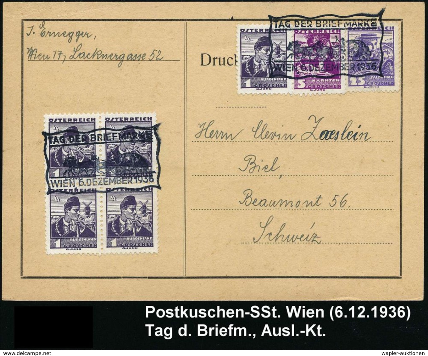 ÖSTERREICH 1936 (6.12.) SSt.: WIEN/ TAG DER BRIEFMARKE = Vierspännige Postkutsche , 2x Klar Gest. Ausl.-Kt.  - - Kutschen