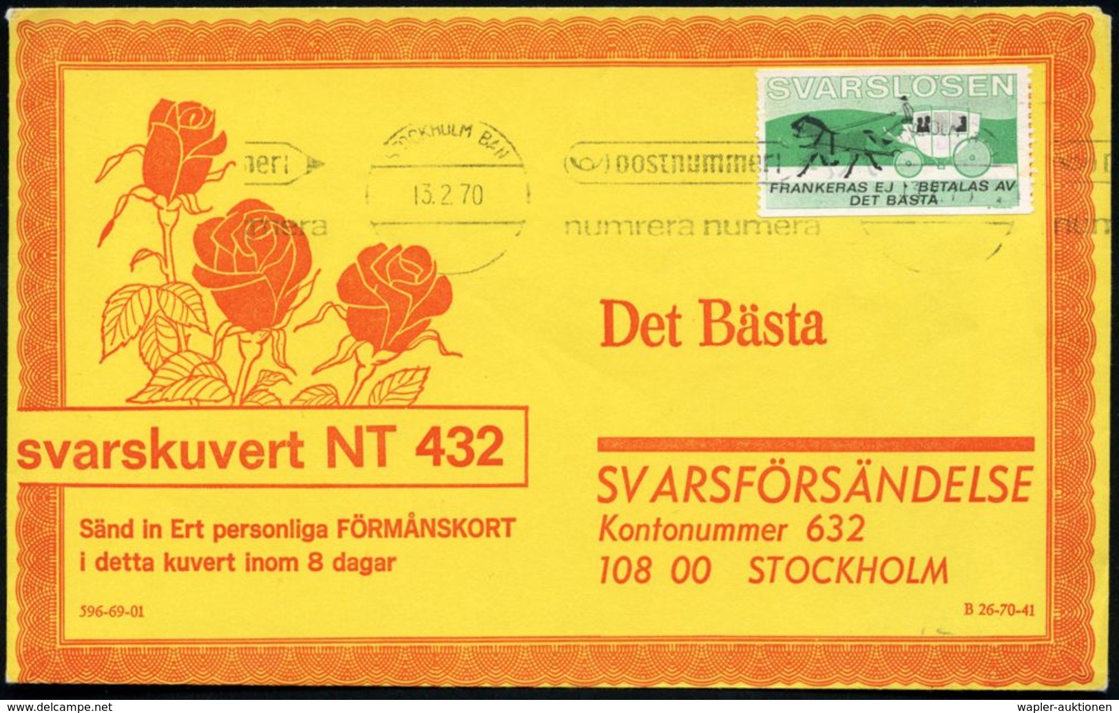 SCHWEDEN 1970 (Febr.) Antwort-Portomarke "Postkutsche" Grün/schw.: "SVARSLÖSEN" = Verlag "Das Beste" (Privat-Antwortmark - Postkoetsen