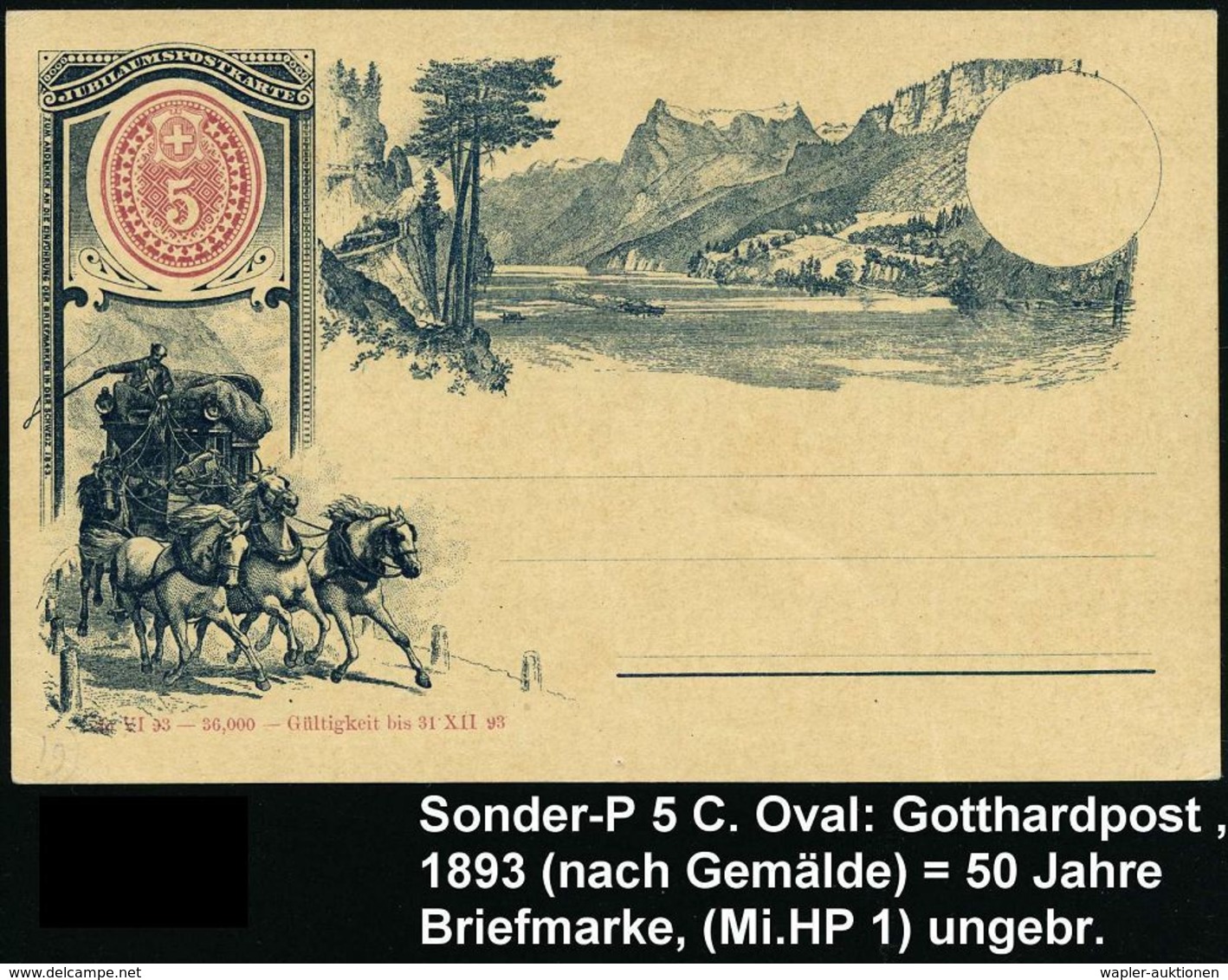 SCHWEIZ 1893 (26.6.) Jubil.-P 5 C. Ziffer Rot: Gotthardpost = 50 Jahre Zürcher Kantonalmarken (nach Gemälde) Ungebr. (Mi - Diligencias