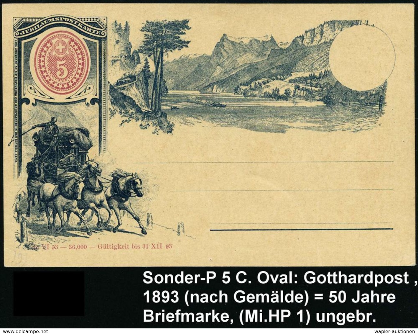SCHWEIZ 1893 (26.6.) Jubil.-P 5 C. Ziffer Rot: Gotthardpost = 50 Jahre Zürcher Kantonalmarken (nach Gemälde) Ungebr. (Mi - Postkoetsen