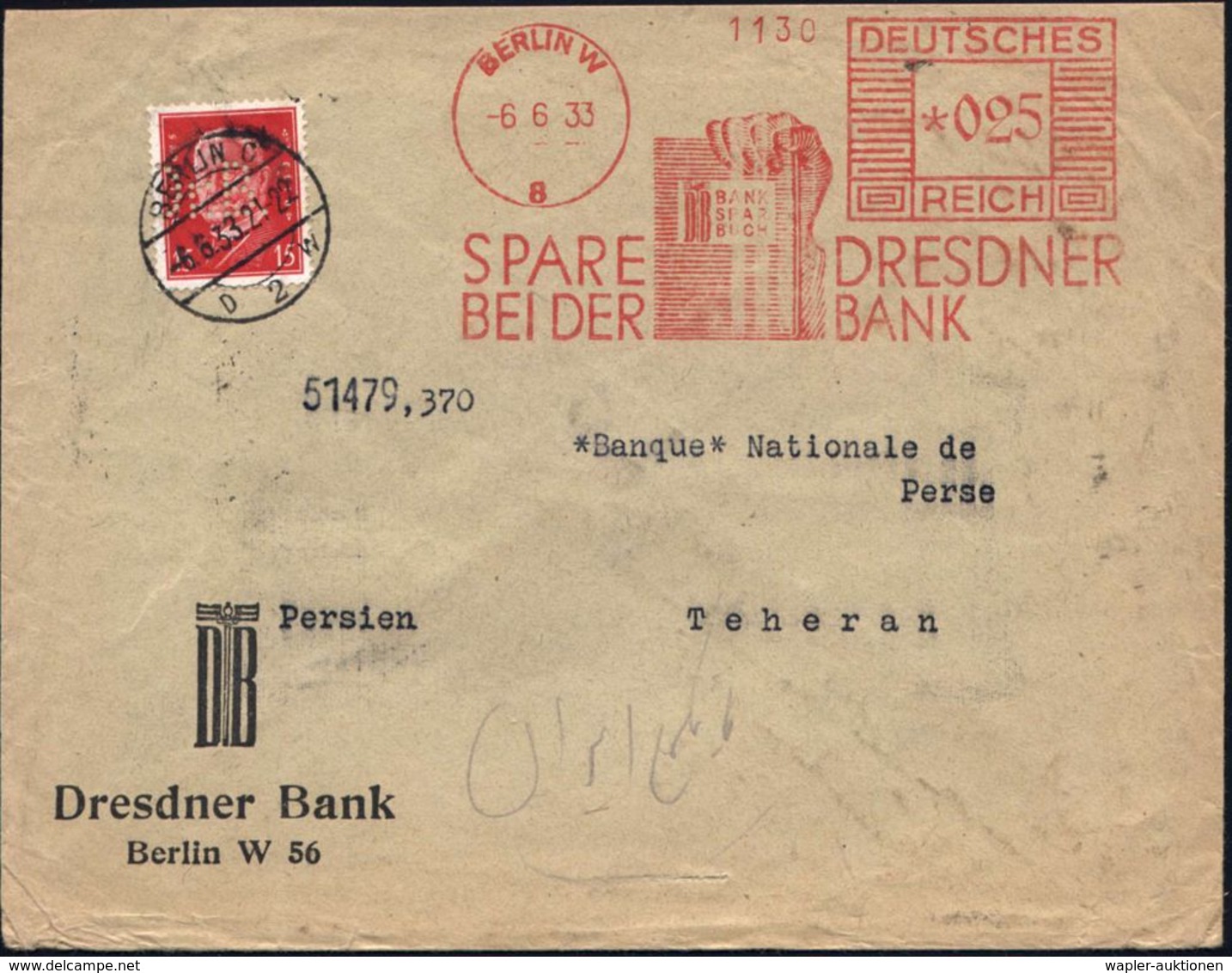 BERLIN C/ D2W 1933 (6.6.) 1K-Brücke Auf EF 15 Pf. Hindenbg. Mit Firmenlochung "Dr. B" = Dr Esdner Bank + AFS 025 Pf.: BE - Non Classés