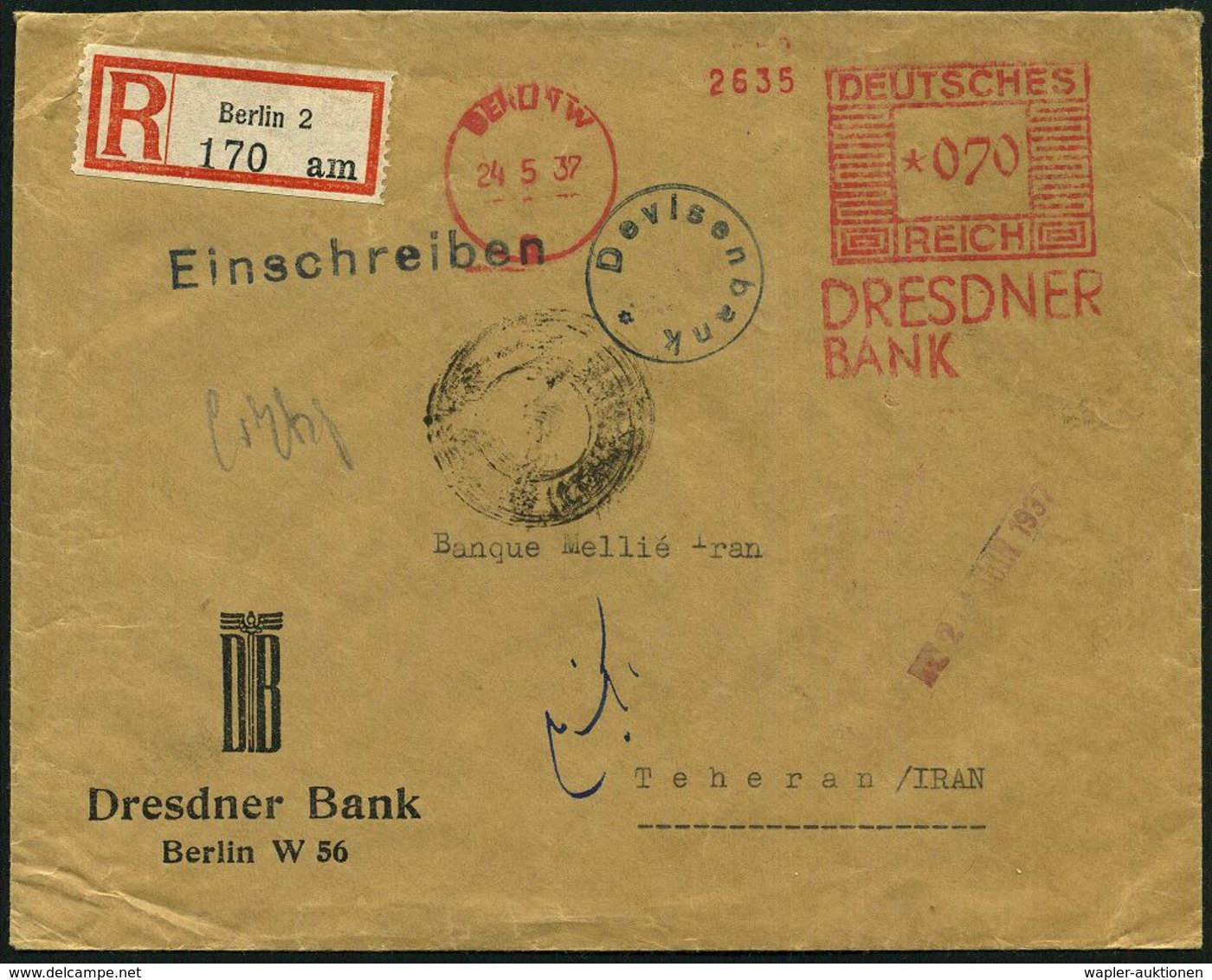 BERLIN W/ 2/ DRESDNER/ BANK 1937 (24.5.) AFS 070 Pf. + Blauer 1K-HdN: Devisenbank + Selbstbucher-RZ: Berlin 2/ A M , Sel - Non Classificati