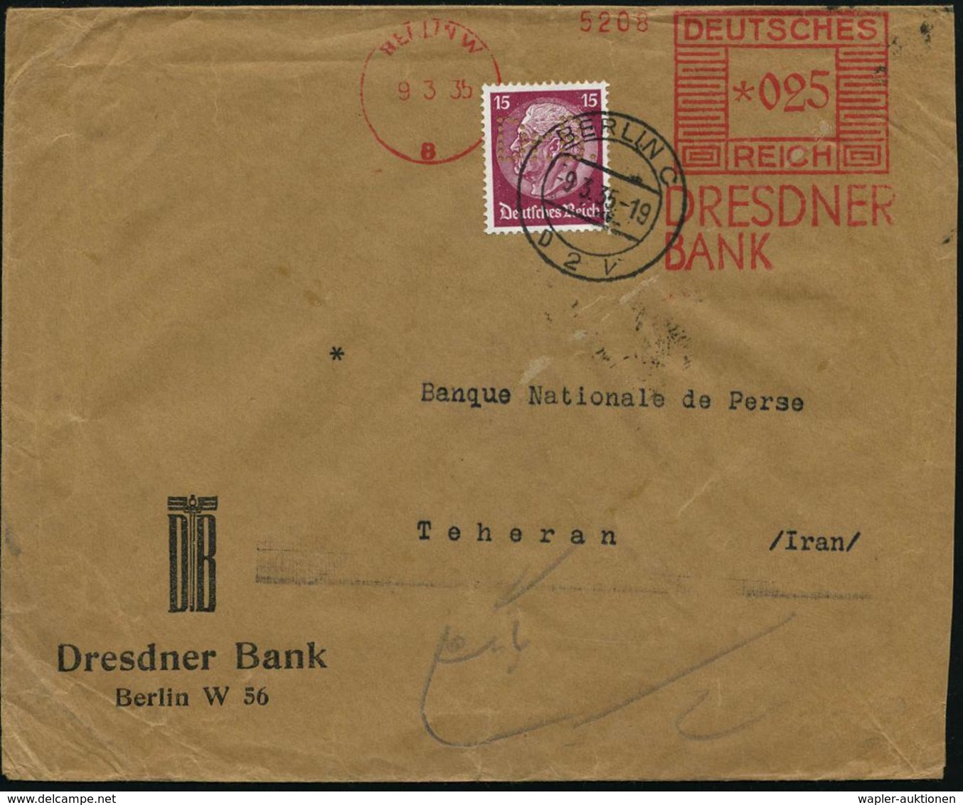 BERLIN W/ 8/ DRESDNER/ BANK 1935 (9.3.) AFS 025 Pf. + Zusatzfrankatur 15 Pf. Hindenburg + Firmenlochung "Dr." Esdner "B" - Zonder Classificatie