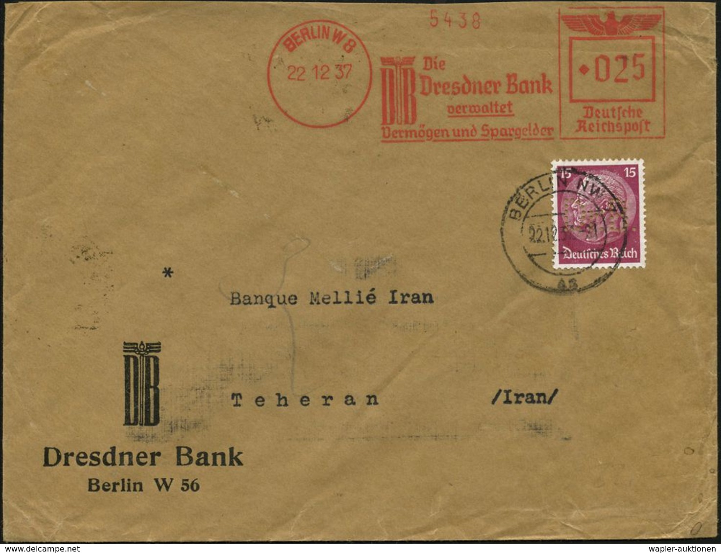 BERLIN W8/ DB/ Die/ Dresdner Bank/ Verwaltet/ Vermögen.. 1937 (22.12.) AFS 025 Pf. "Adler" + 15 Pf.Hindenbg., Firmenlo-c - Zonder Classificatie