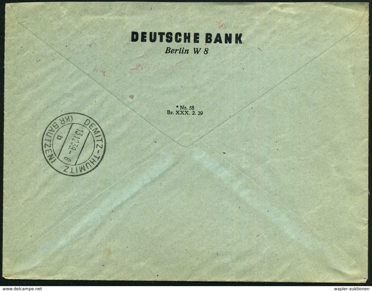 BERLIN W/ 8/ DEUTSCHE BANK 1939 (12.12.) AFS 062 Pf. + RZ: Berlin 8/ A D , Fern-Postauftrags-R-Bf. (kl. Tintenfleck) N.  - Unclassified