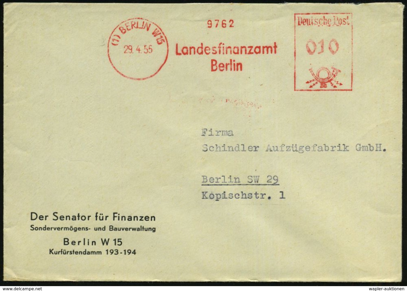 (1) BERLIN W15/ Landesfinanzamt 1955 (29.4.) AFS Auf Dienst-Bf.: Der Senator Für Finanzen, Sondervermögens- U. Bauverwal - Non Classés