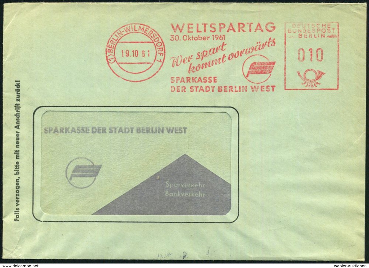 (1) BERLIN-WILMERSDORF 1/ WELTSPARTAG/ 30.Okt.1961/ ..SPARKASSE/ DER STADT BERLIN WEST 1961 (19.10.) Seltener AFS (Logo) - Non Classés