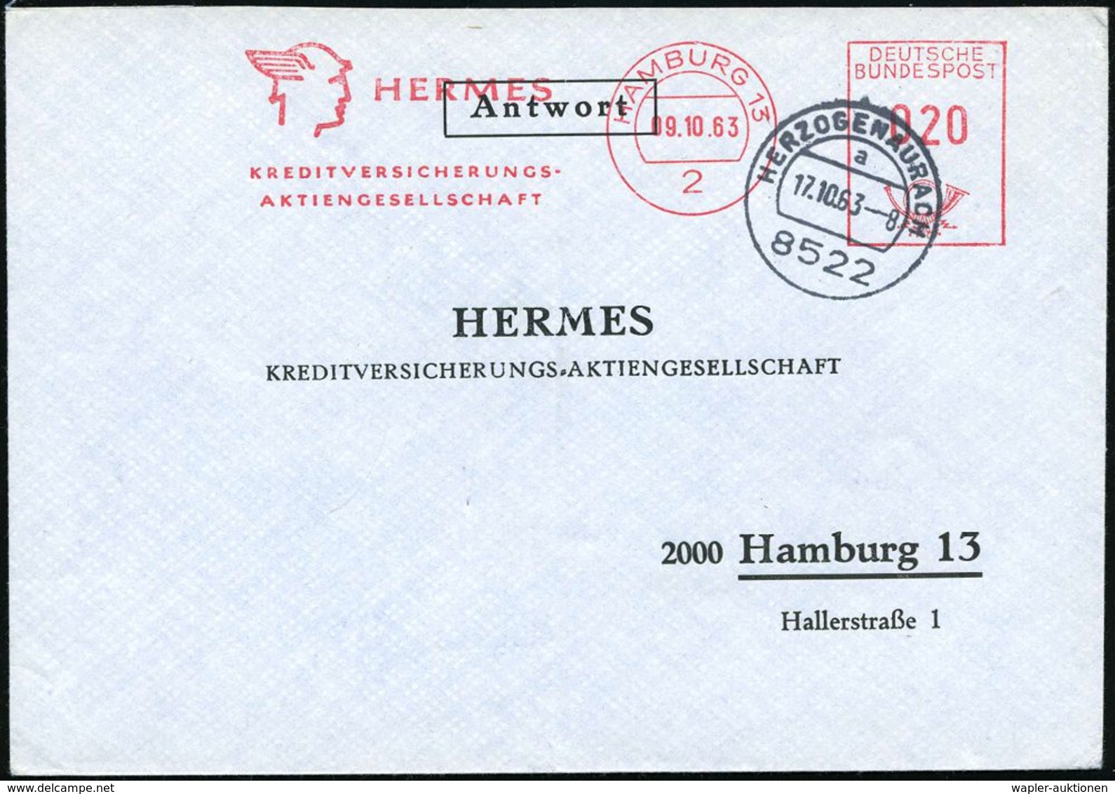 2 HAMBURG 13/ HERMES/ KREDITVERSICHERUNGS-/ AG 1963 (Nov.) AFS = Hermeskopf (m. Flügelhelm) Voraus-frankierter Antwort-B - Zonder Classificatie