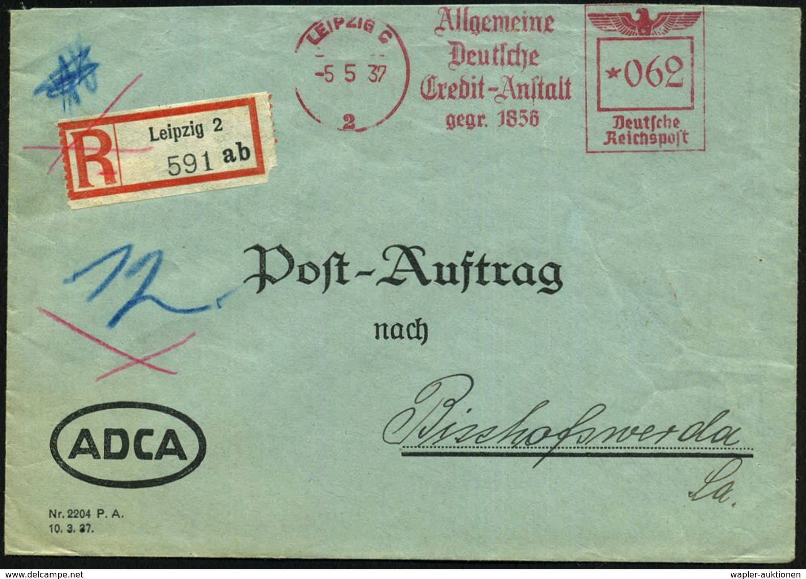 LEIPZIG C/ 2/ Allgem./ Deutsche/ Credit-Anstalt/ Gegr.1856 1937 (5.5.) AFS 062 Pf. + Firmen-RZ: Leipzig 2/ A B , ADCA-Fi - Zonder Classificatie