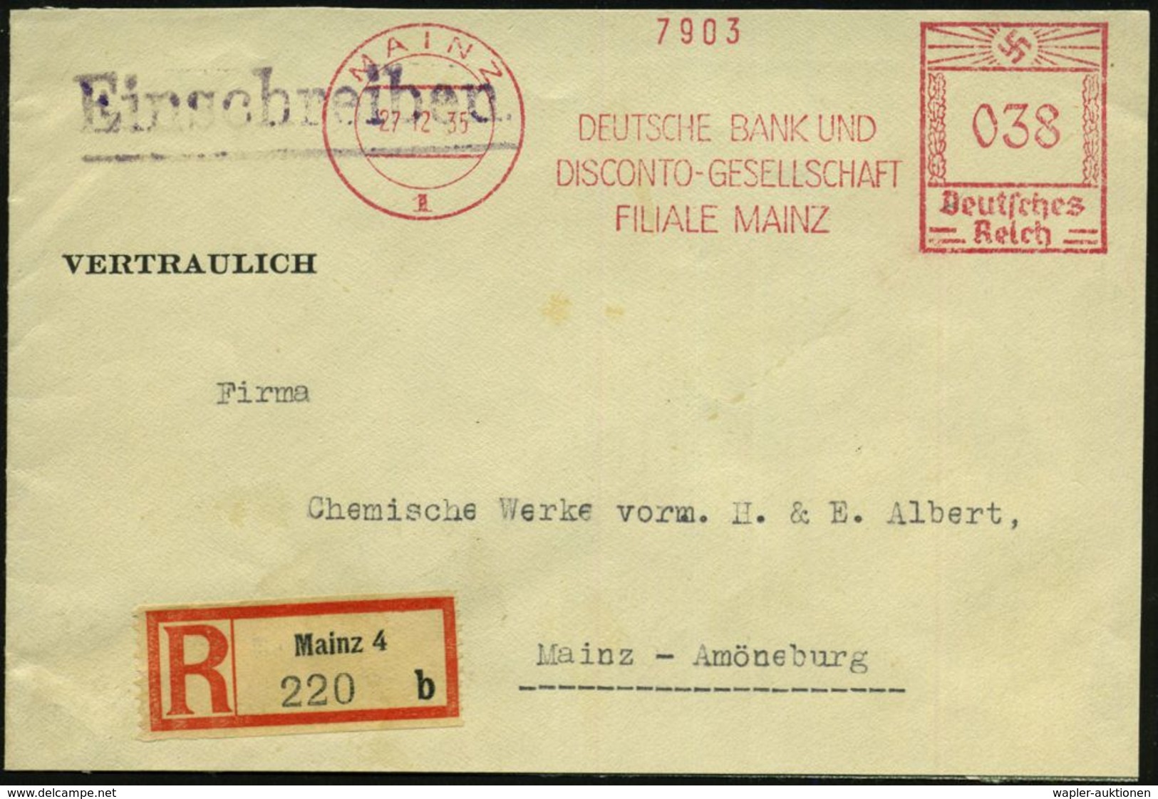 MAINZ/ 1/ DEUTSCHE BANK U./ DISCONTO-GES. 1935 (27.12.) AFS 038 Pf. + RZ: Mainz 4/b Auf (gering Verkürztem) Orts-R-Bf. " - Non Classificati