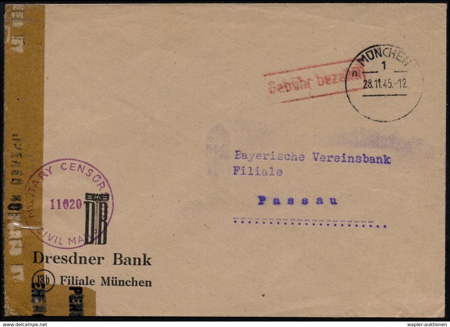 MÜNCHEN/ 1/ N 1945 (28.11.) Aptierter 1K-HWSt ("Hauptstadt Der Bewegung" Entfernt!) + Roter Ra.: Gebühr Bezahlt + US-Zen - Non Classés